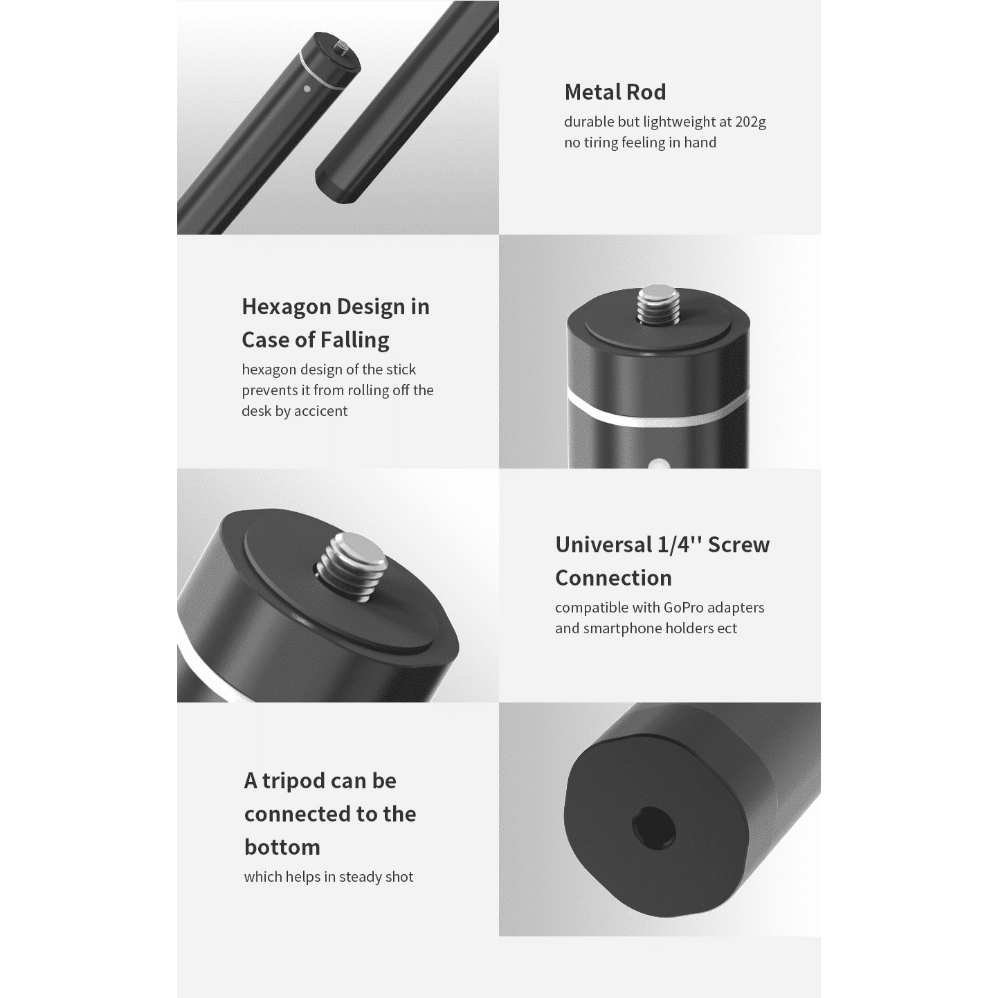 Caractéristiques d'une tige métallique noire avec vis 1/4 de pouce, design hexagonal et fixation pour trépied.