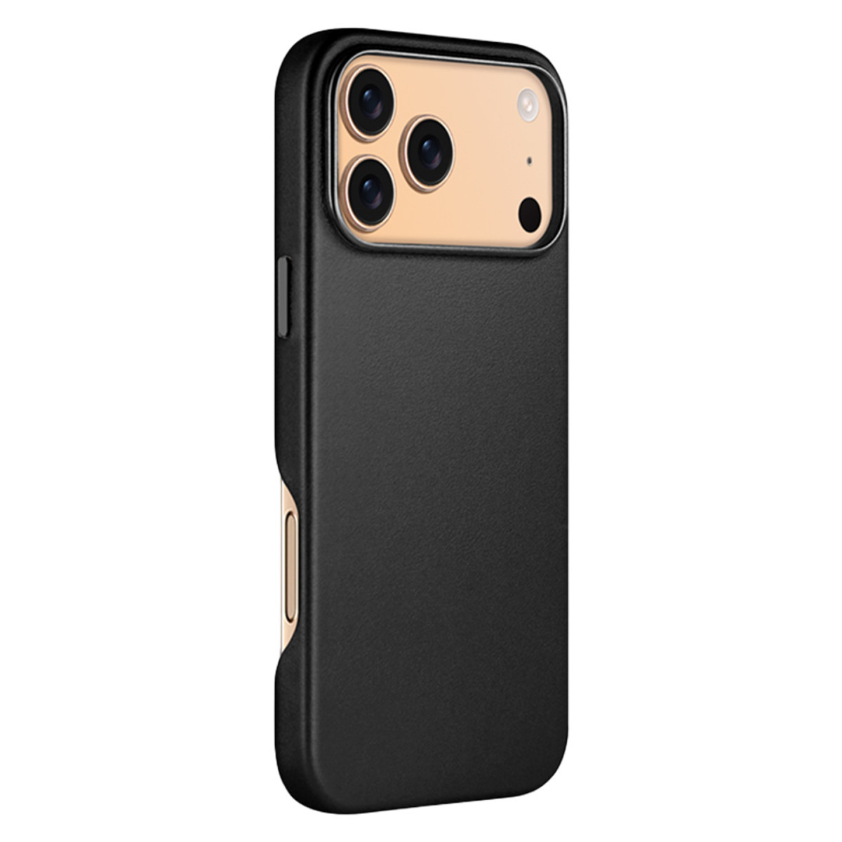 Arkasında altın rengi kamera modülü olan siyah koruyucu telefon kılıfı.