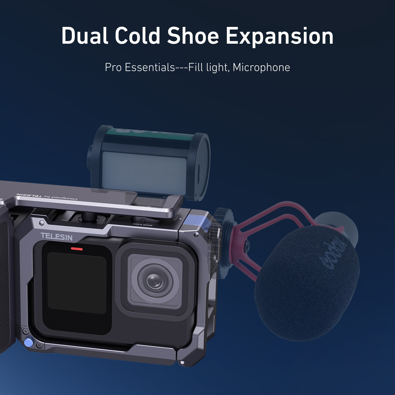 Camerakooi met dual cold shoe-uitbreiding voor microfoon en licht.