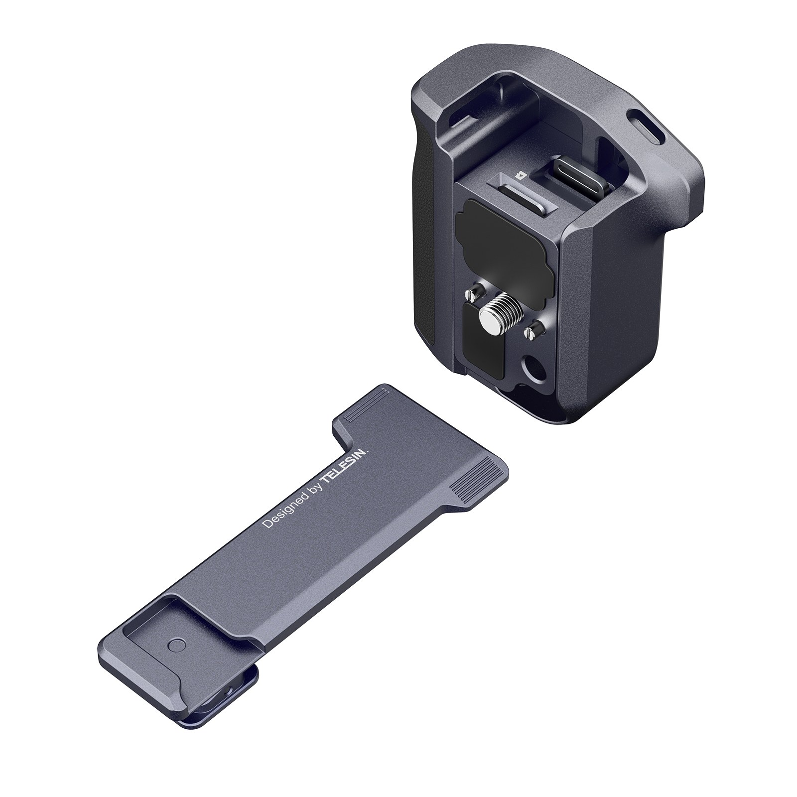 Een donkergrijze metalen camerabevestiging met een afneembare grondplaat met het opschrift Designed by TELESIN.