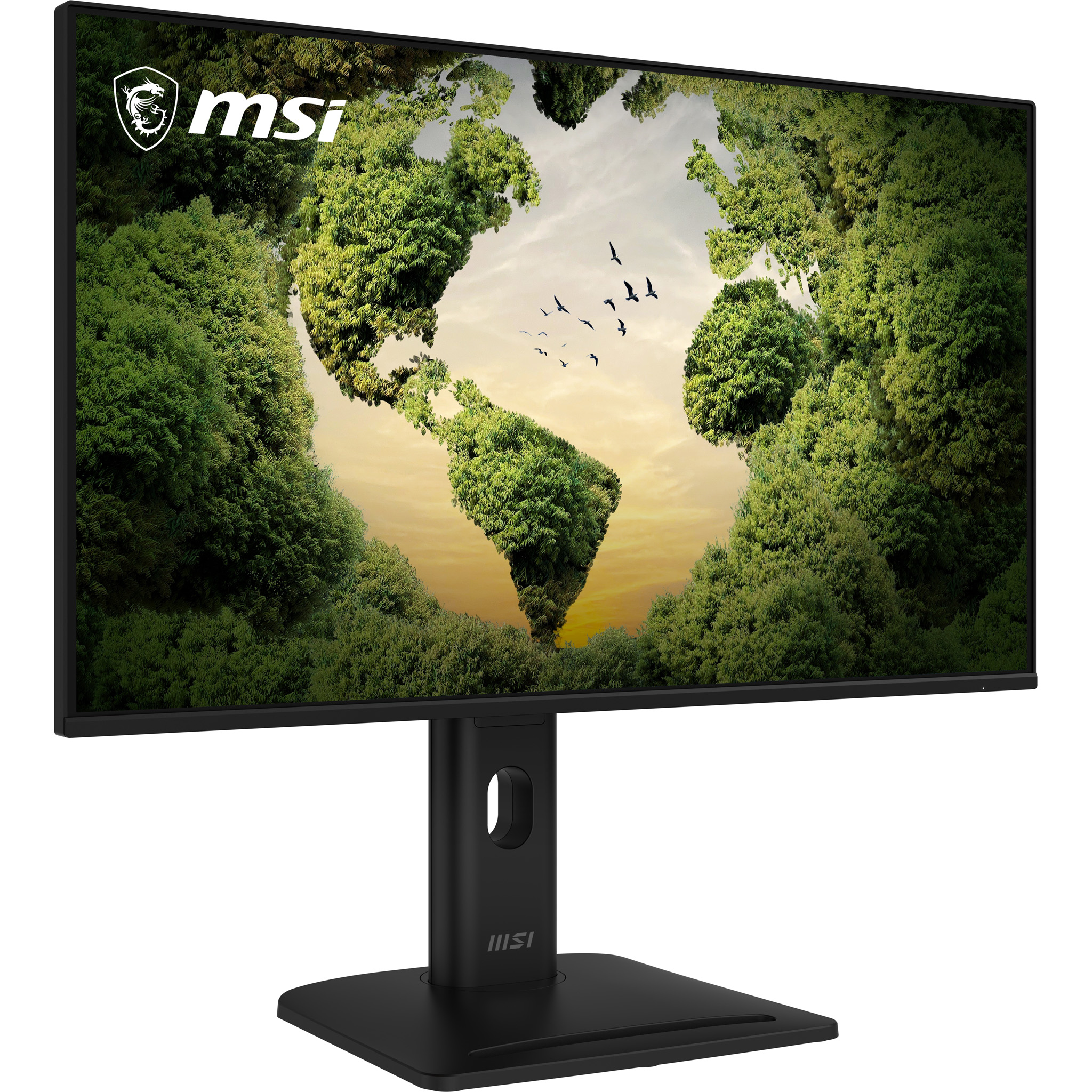 Monitor MSI mostra una mappa del mondo boscosa con uccelli.