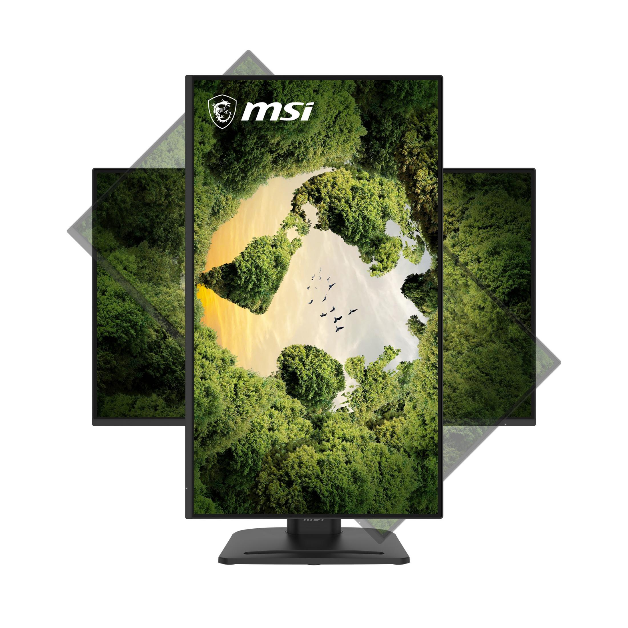 Monitor MSI in diverse posizioni rotanti con uno sfondo di foresta.