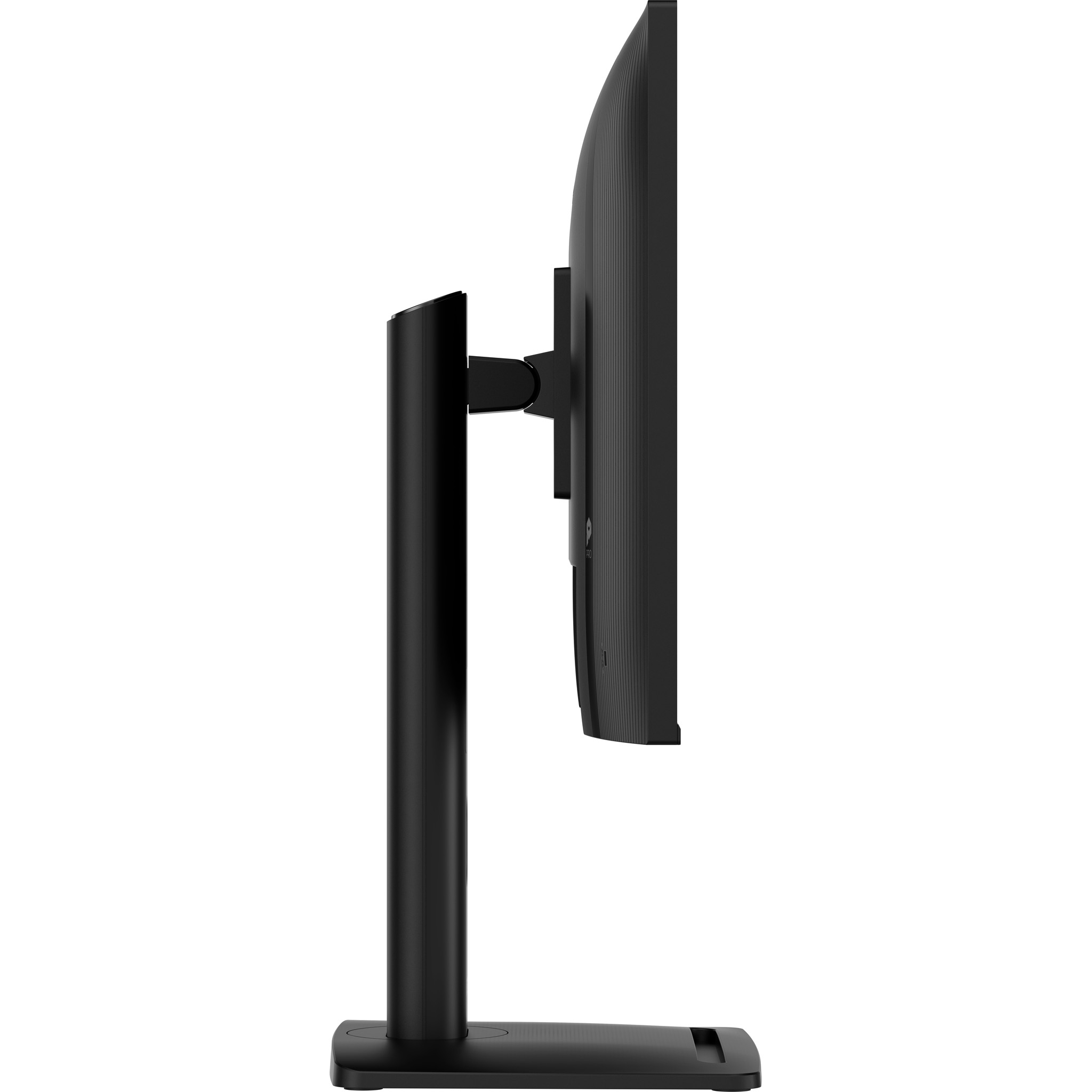Vista laterale di un monitor per computer nero con supporto su sfondo bianco.
