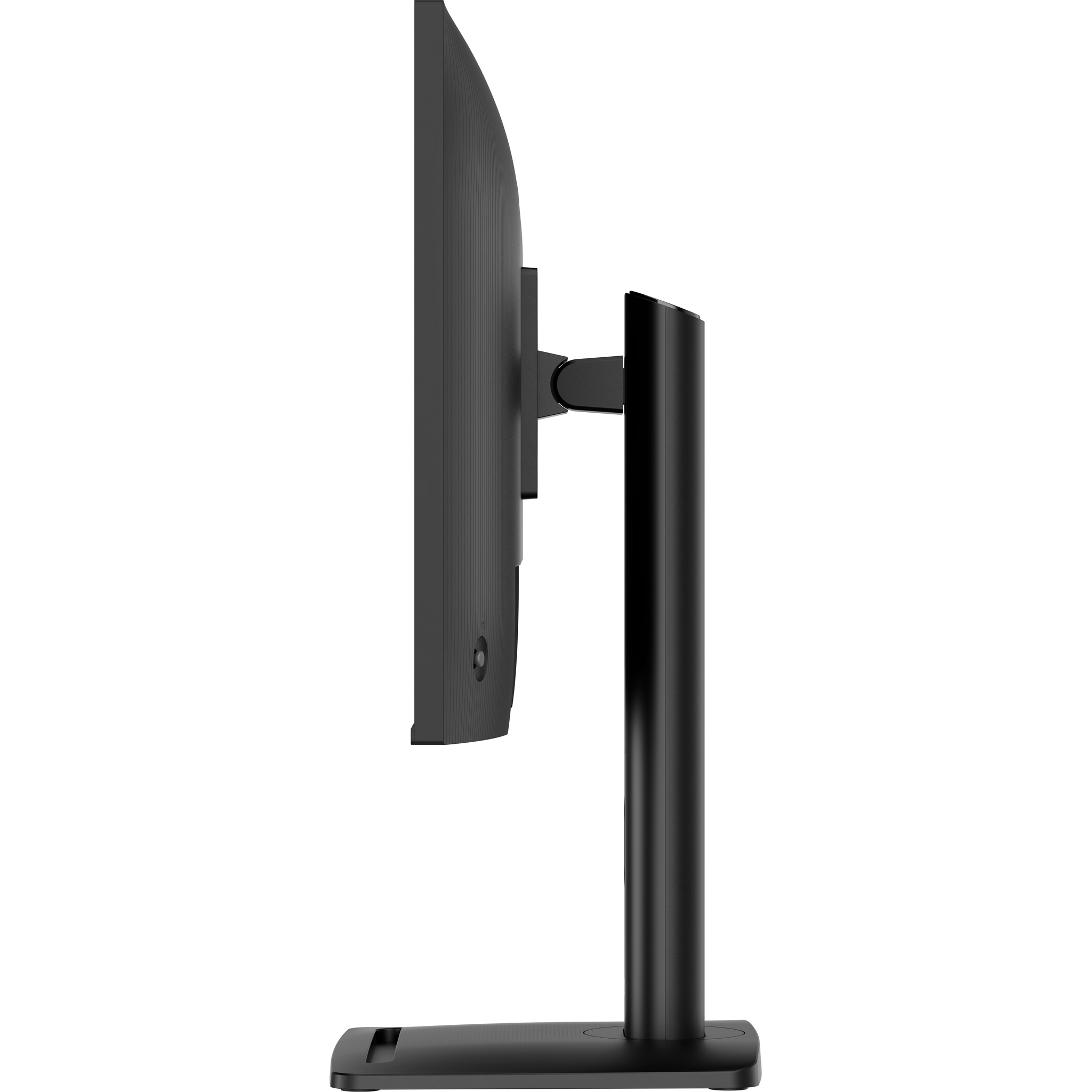 Vista laterale di un monitor per computer nero su supporto con sfondo bianco.