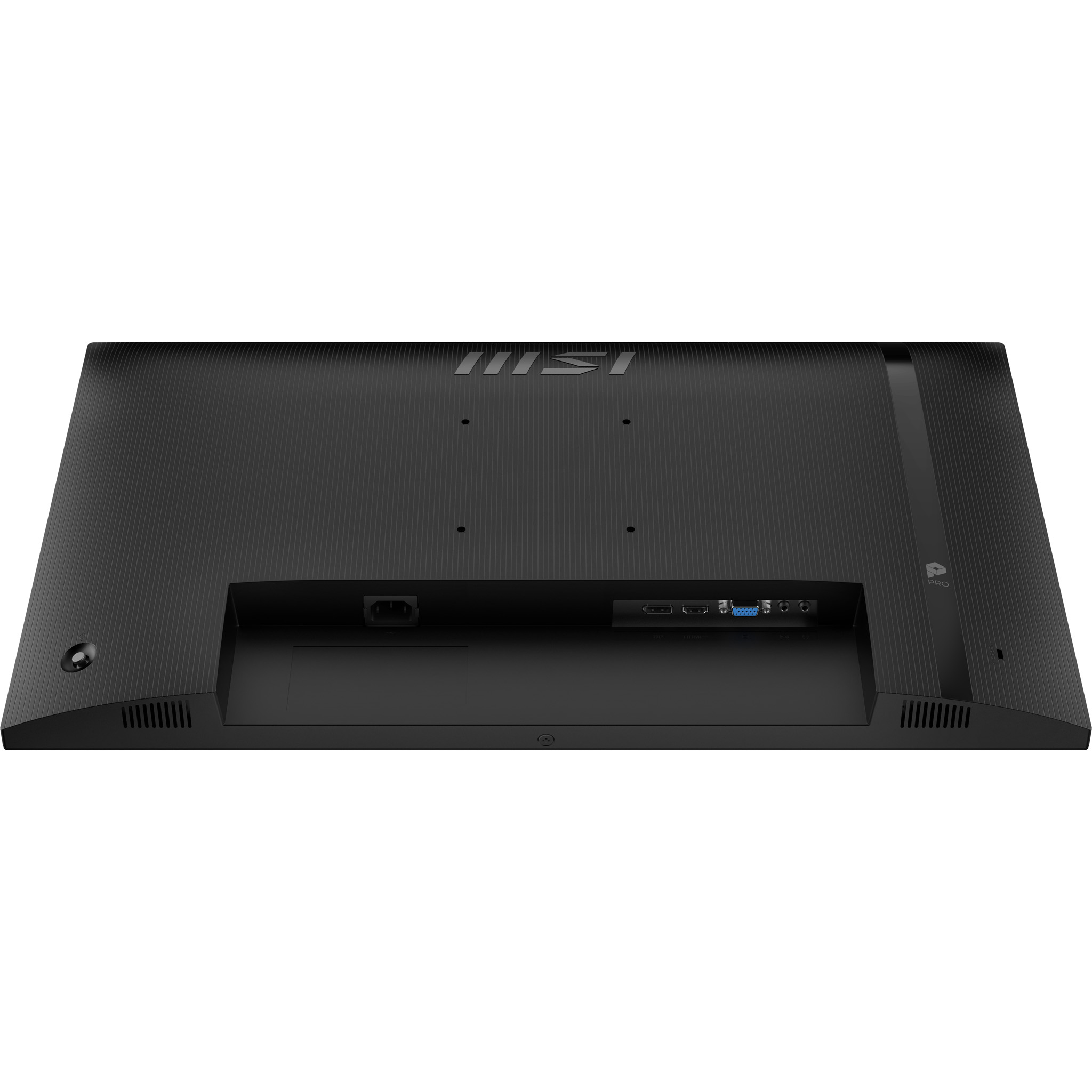 Retro di un monitor nero con logo MSI, attacco VESA e varie porte di collegamento sul fondo.