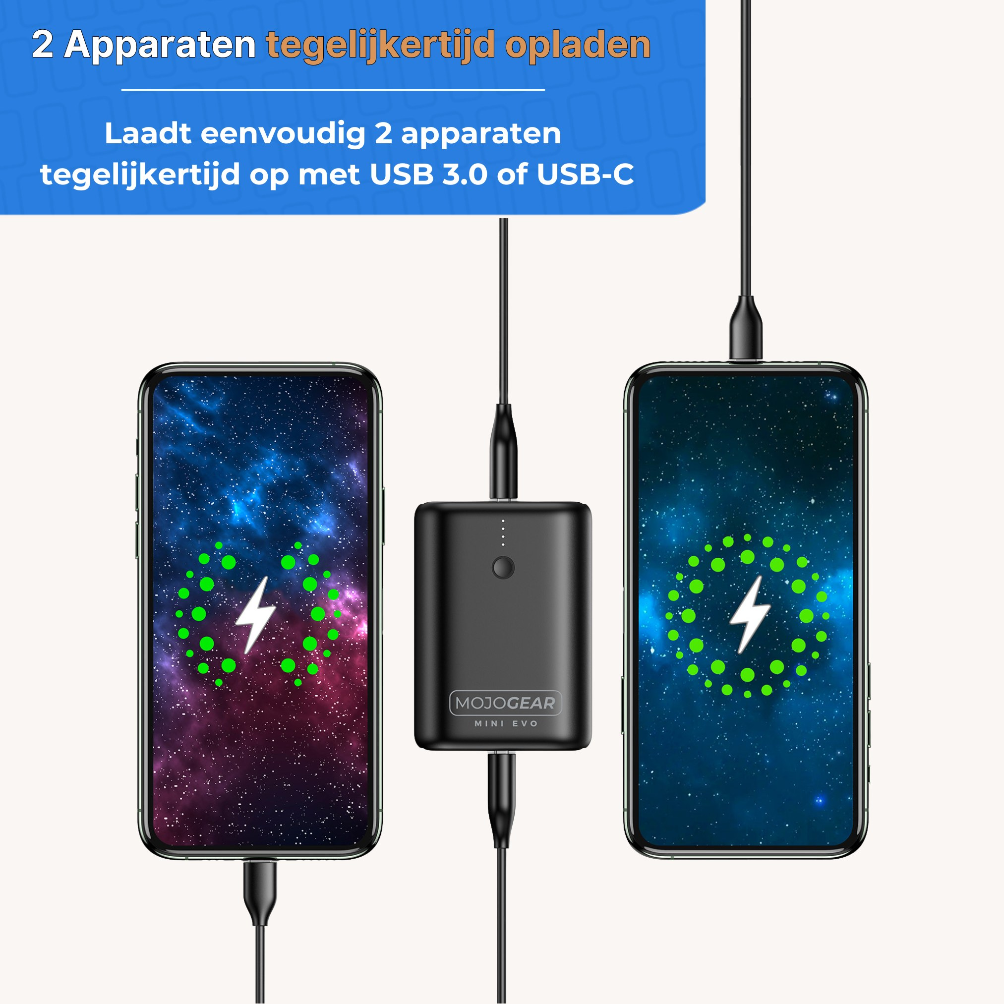 Une batterie externe noire Mojogear Mini Evo charge deux smartphones simultanément.