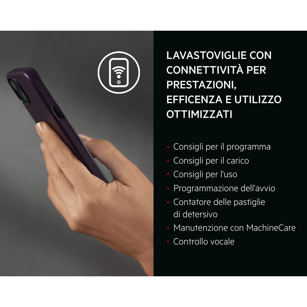 Mano che tiene uno smartphone, con testo in italiano a destra sulla connettività.