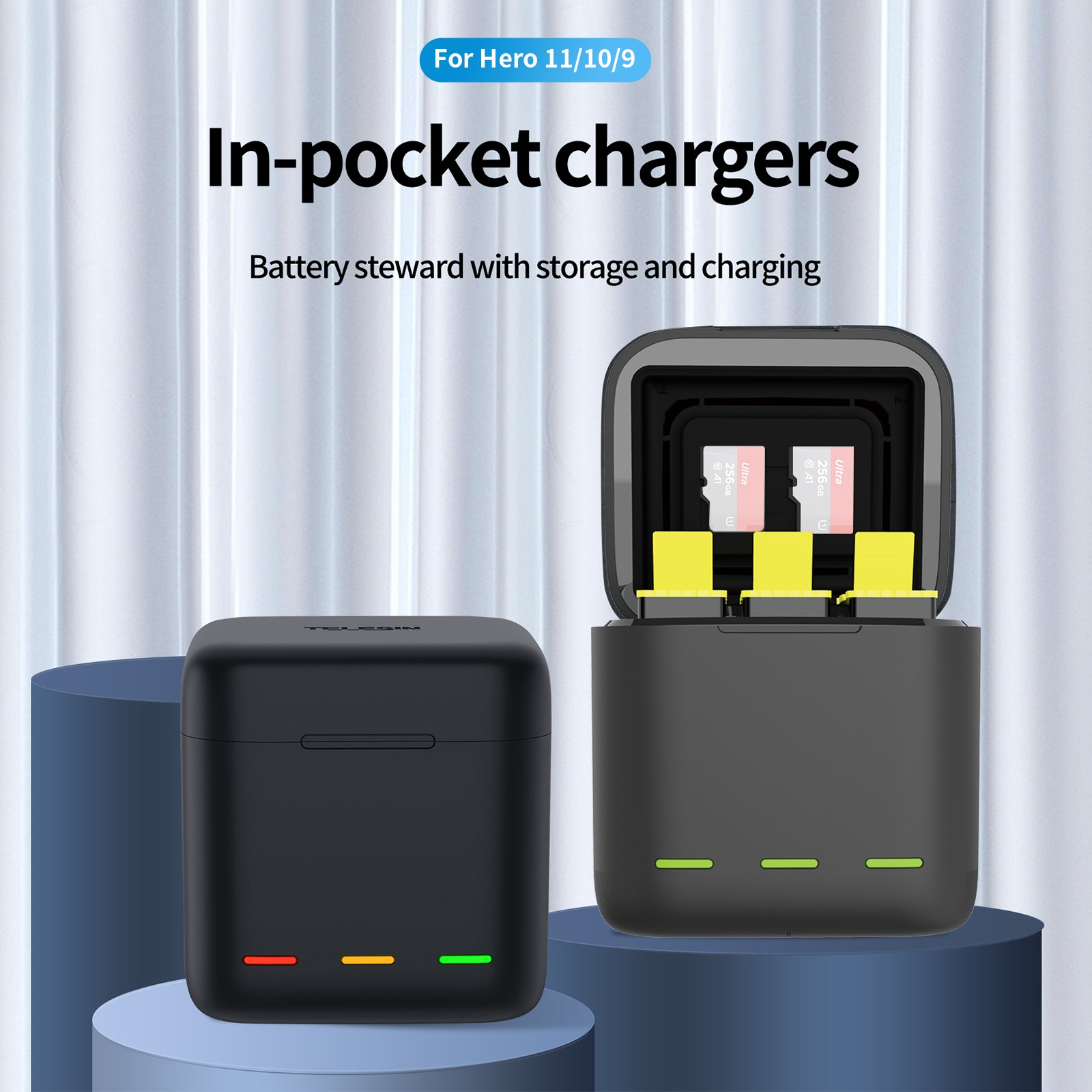 Un cargador de batería negro para cámara con luces indicadoras y almacenamiento para dos tarjetas SD.