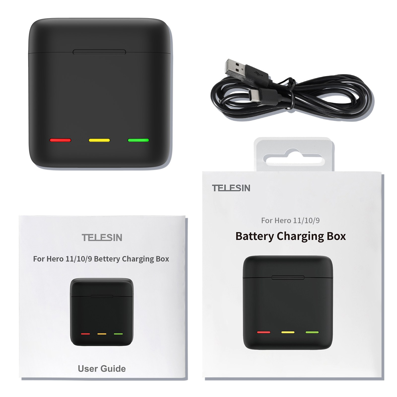 Caja de carga de batería Telesin negra con luces de estado, cable USB, guía de usuario y empaque.