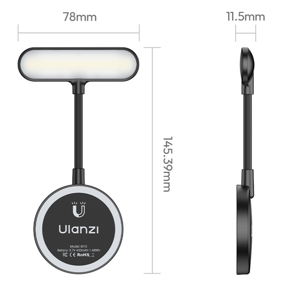 Schéma d'une lampe magnétique noire Ulanzi M10 montrant les dimensions en millimètres des vues avant et latérale.