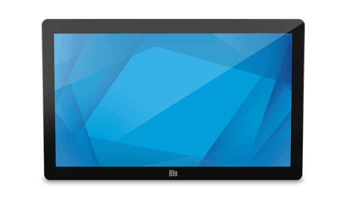 Un monitor táctil Elo negro que muestra un fondo geométrico abstracto azul sobre una superficie blanca.