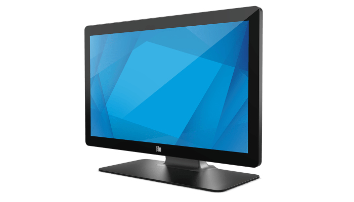 Un monitor táctil Elo negro en un soporte, que muestra un fondo azul abstracto.