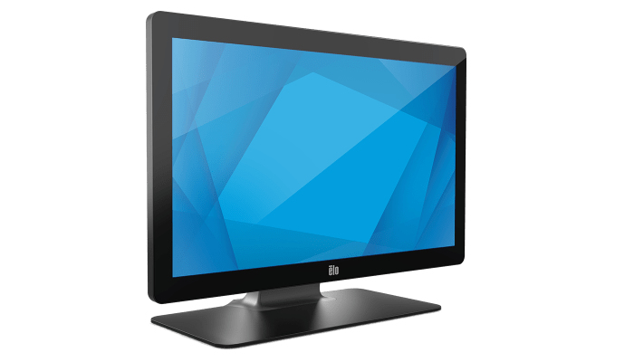 Un monitor táctil Elo negro en un soporte, mostrando un fondo de pantalla de polígono abstracto azul sobre fondo blanco.
