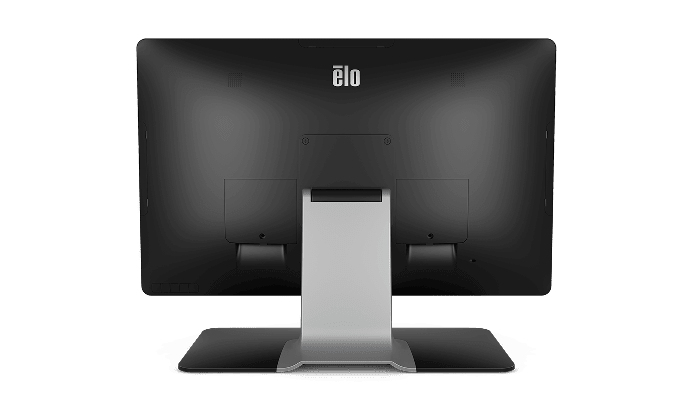 Vista trasera de un monitor todo en uno Elo negro con soporte plateado sobre fondo blanco.