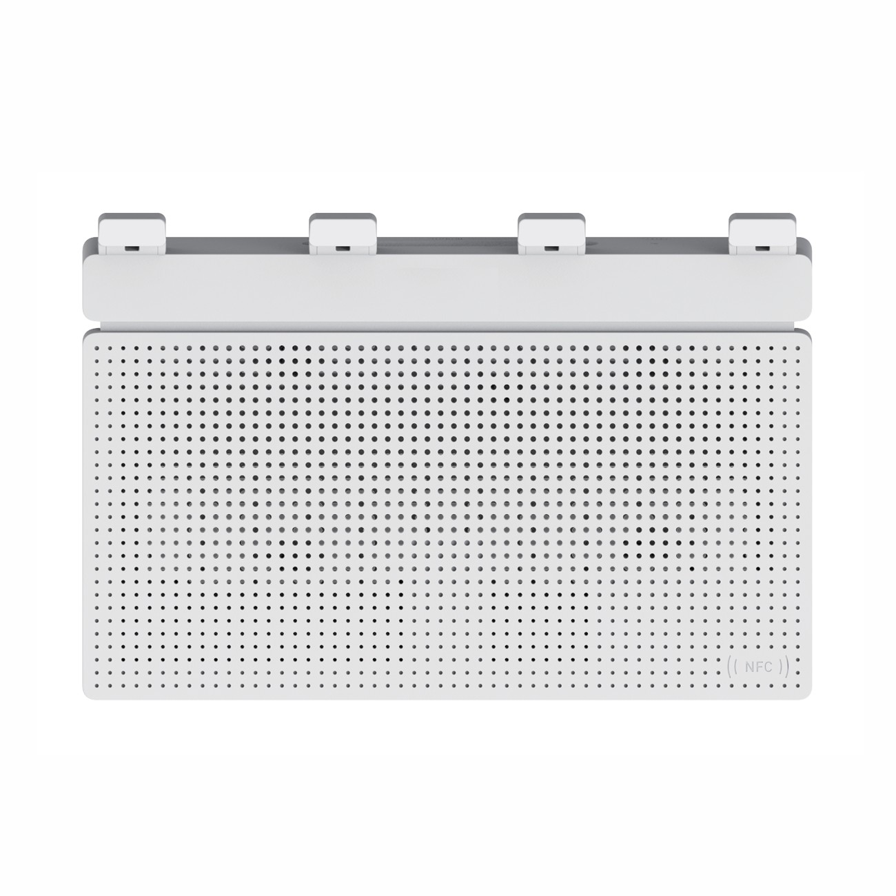 Dispositivo elettronico bianco con pannello frontale perforato, quattro clip e logo NFC.