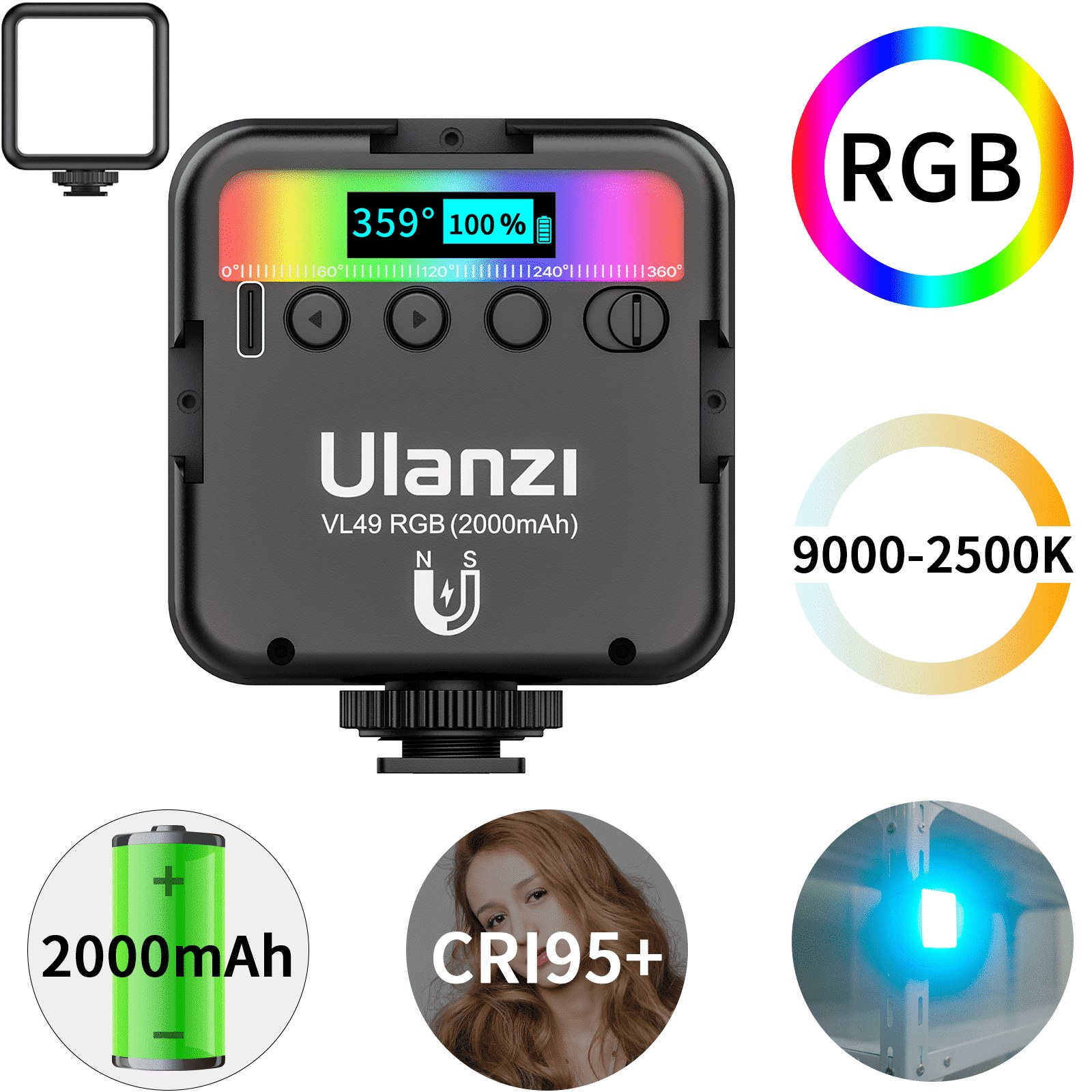 Luz de video LED Ulanzi VL49 RGB con pantalla y controles, rodeada de características del producto.