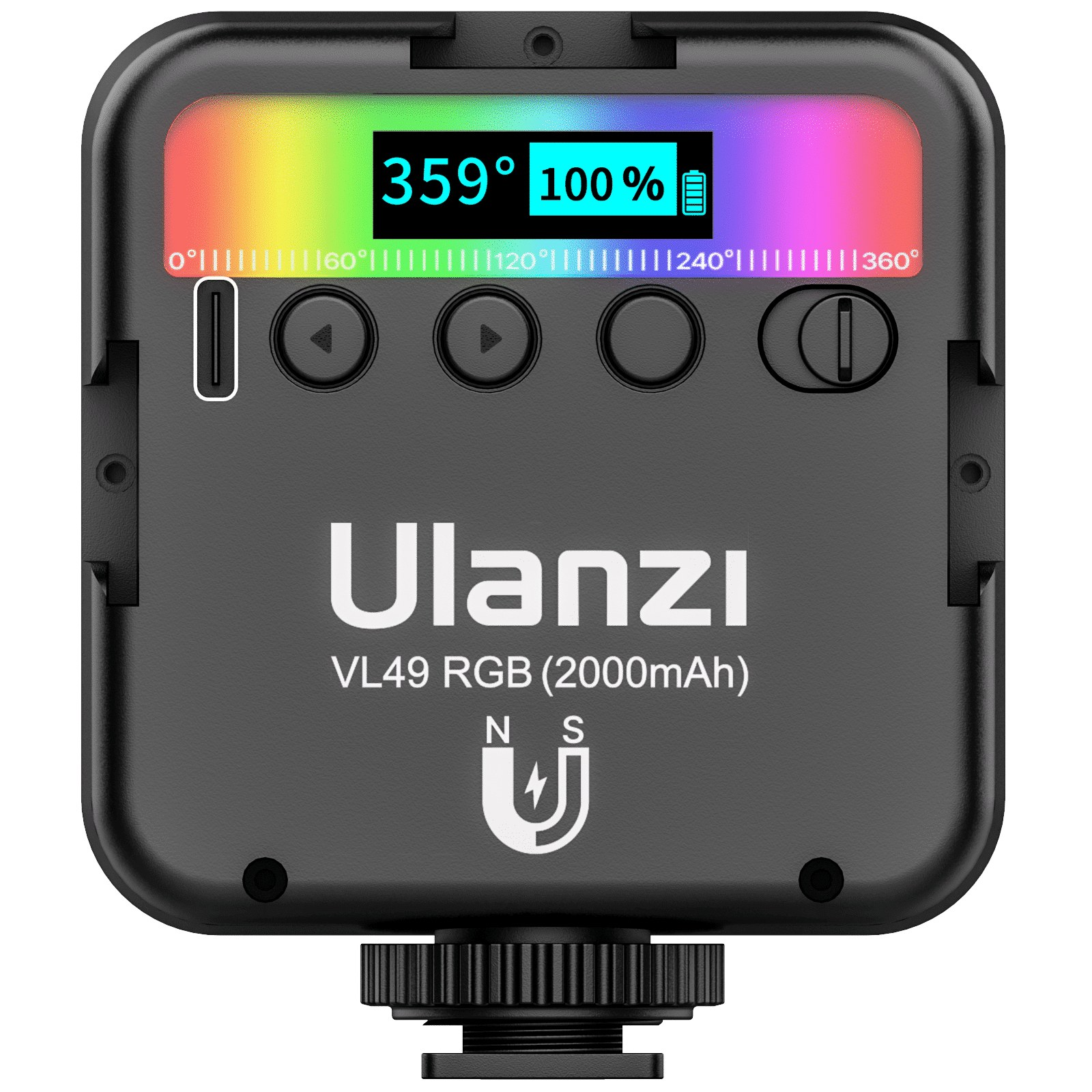 Luz de video LED RGB Ulanzi VL49 negra con pantalla digital, barra de espectro y botones.