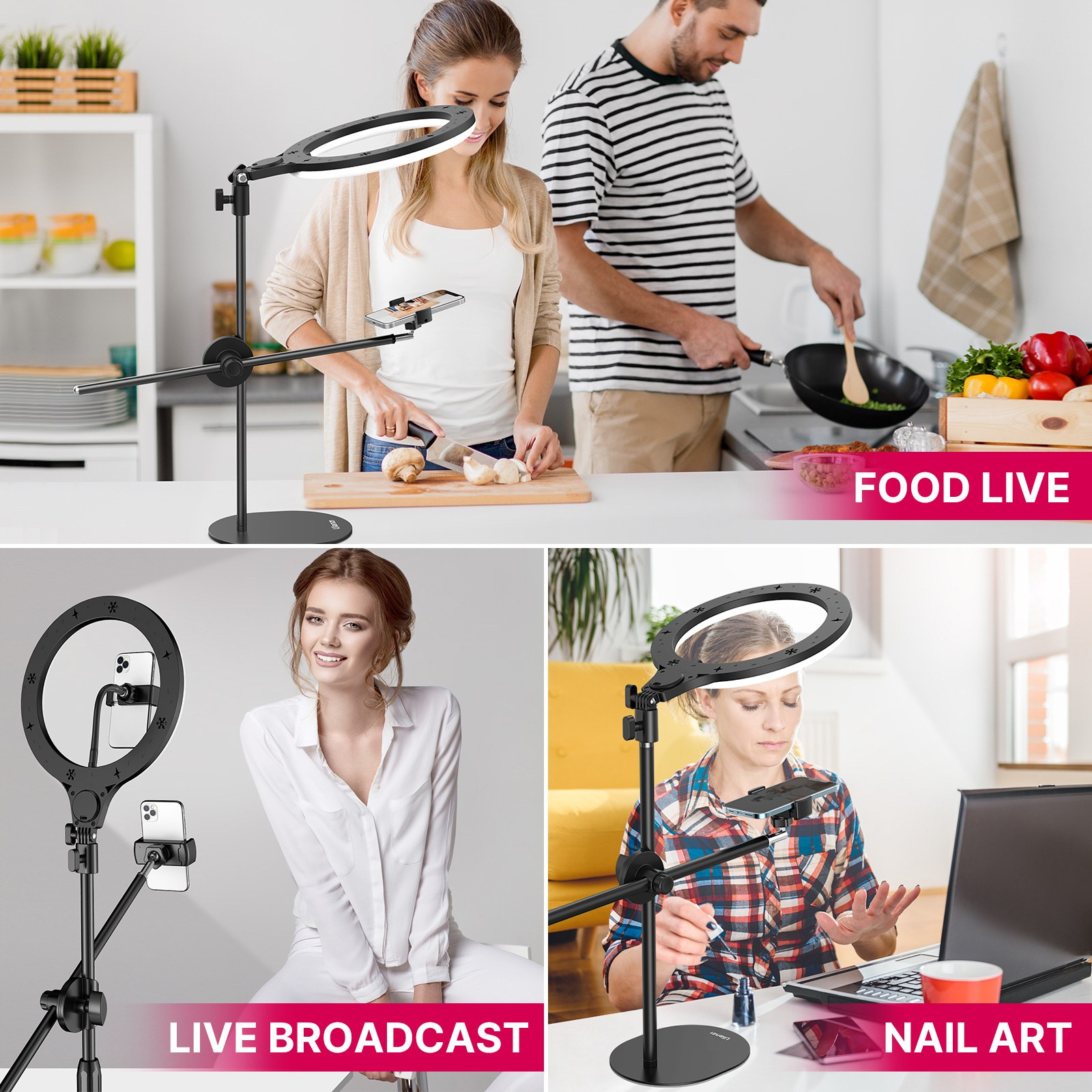 Ringlamp met telefohouder voor live-streams, kookvideo's, uitzendingen en nail-art.