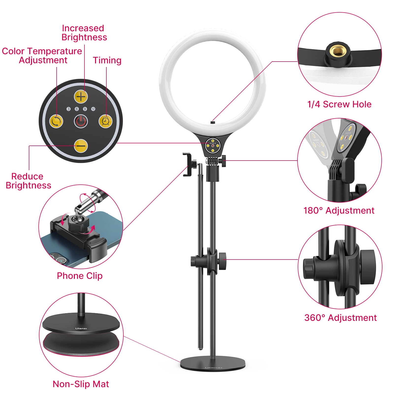 Diagram met de kenmerken van een ringlamp met standaard, telefoonclip en verstelbare bediening.