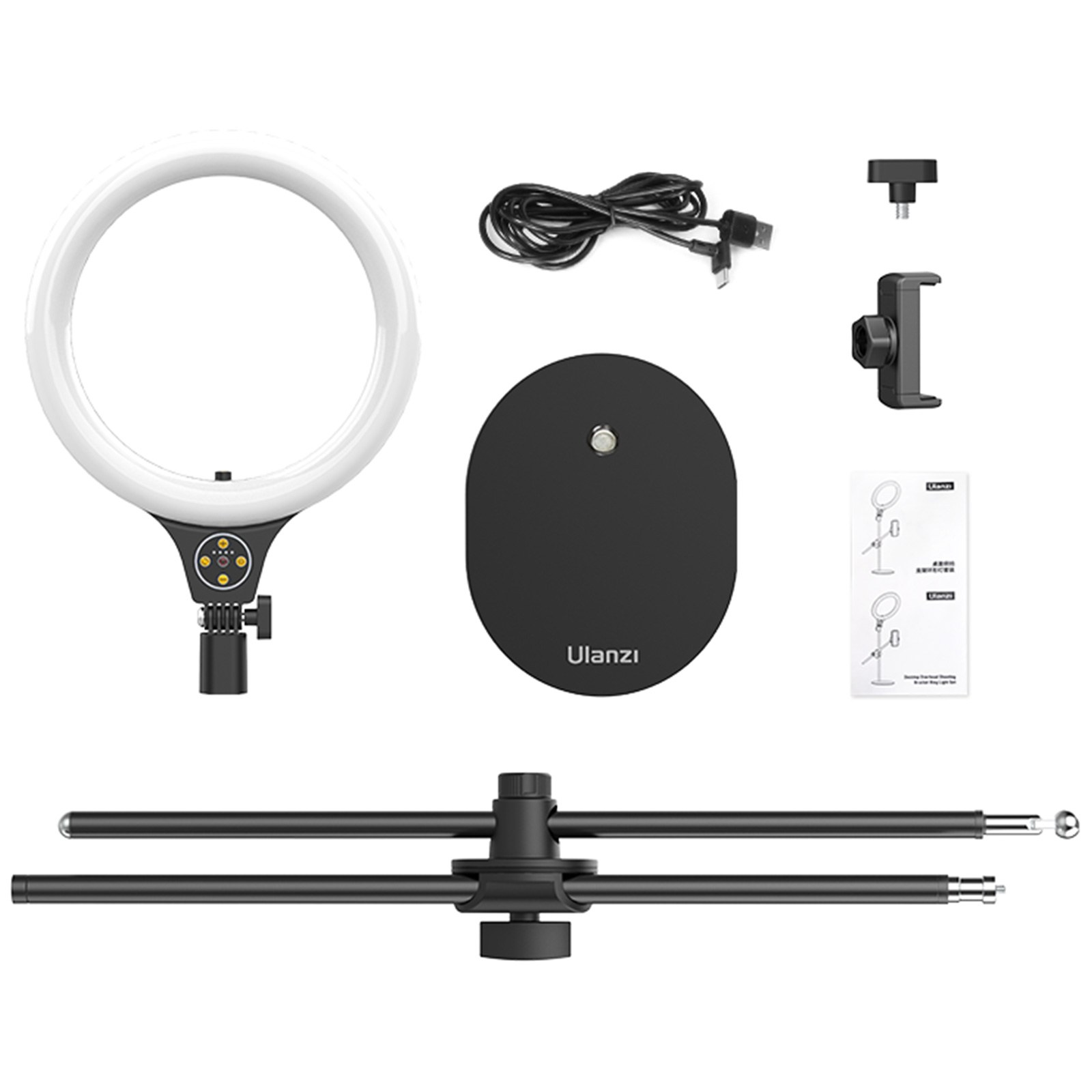 Ulanzi ringlichtset met standaard, ronde voet, kabel, telefoonhouder en handleiding op een witte achtergrond.