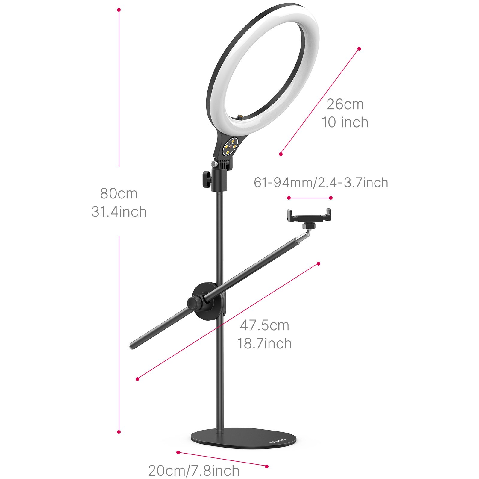 Een zwarte ringlamp op een standstandaard met afmetingen in centimeter en inch op een witte achtergrond.