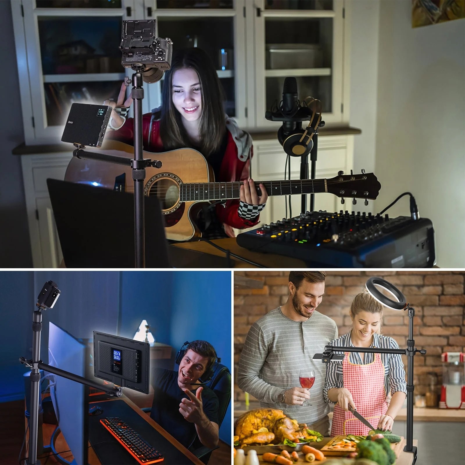 Postazioni per streaming e cucina con supporti, telecamere, luci e microfoni.
