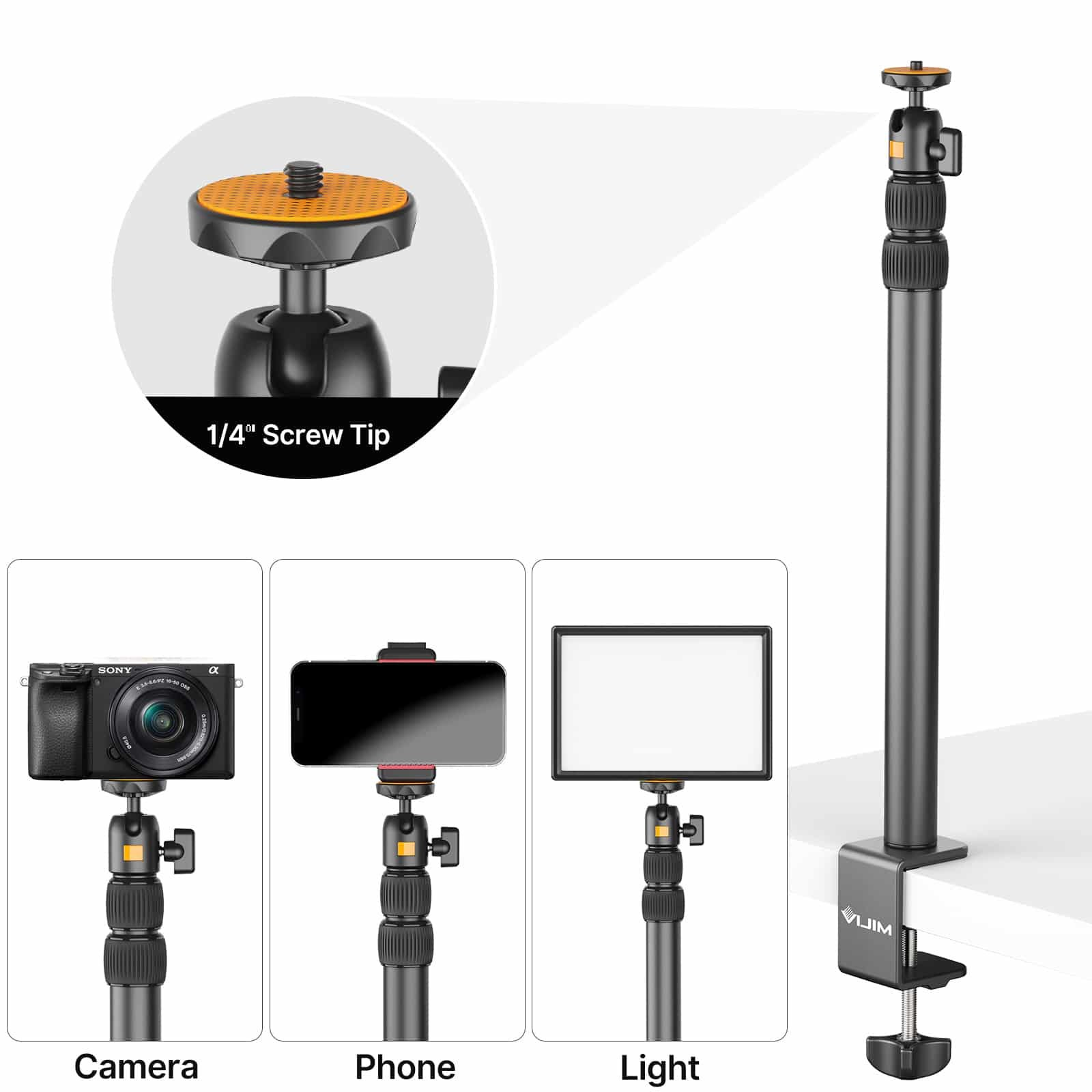 Supporto da scrivania regolabile con morsetto e vite da 1/4 di pollice per fotocamere, telefoni e luci.