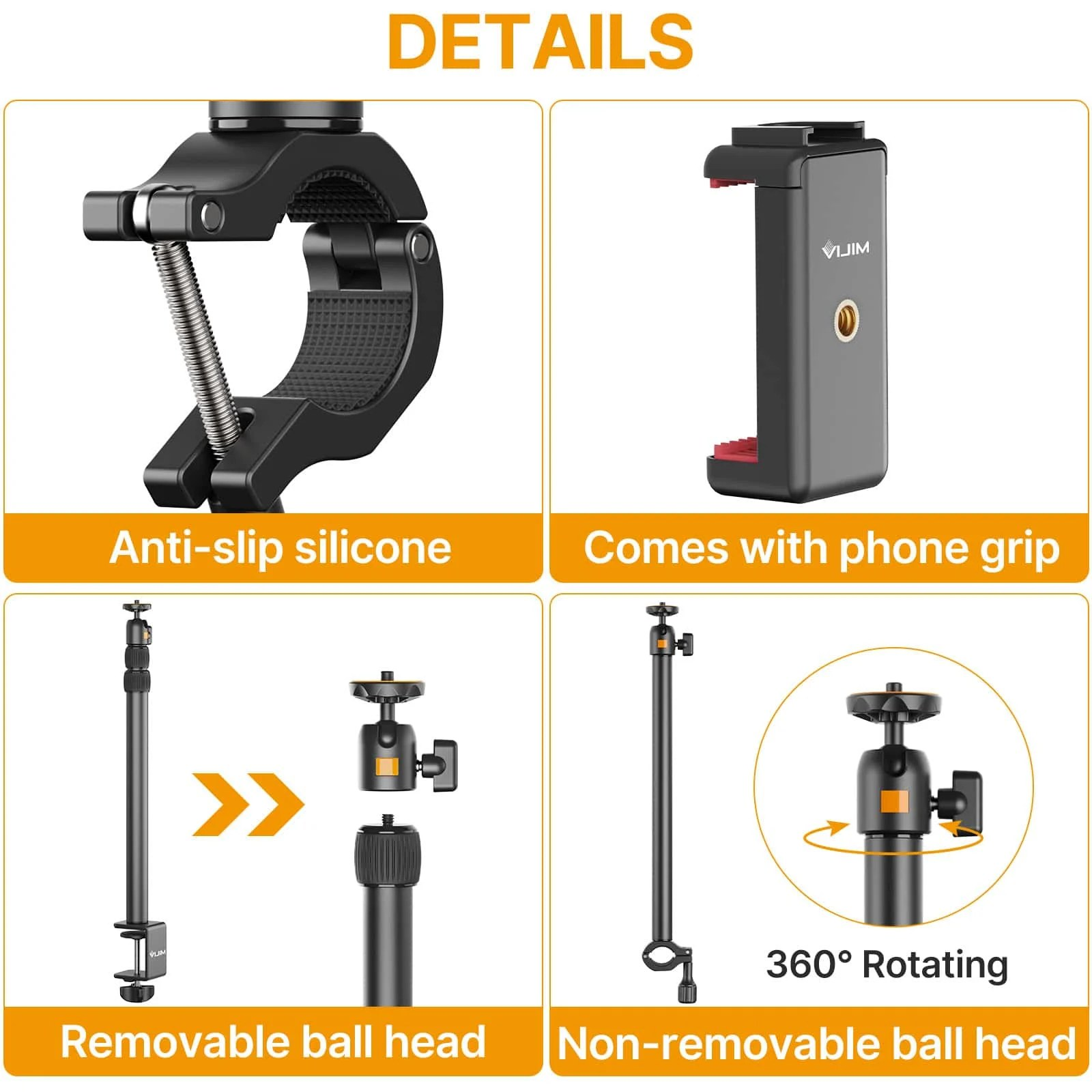 Dettagli del prodotto di un supporto per fotocamera con morsetto, silicone e testa a sfera.