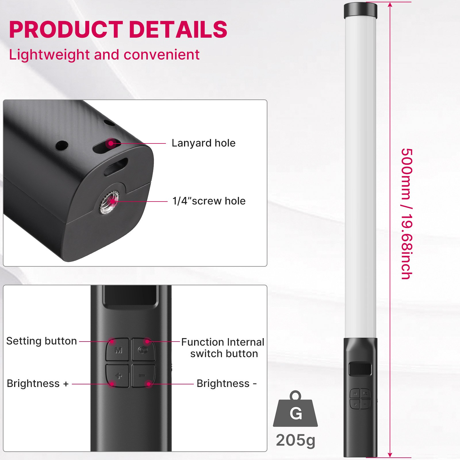 Detalles del producto de una varilla de luz LED ligera con botones, orificio para tornillo, 500 mm y 205 g.