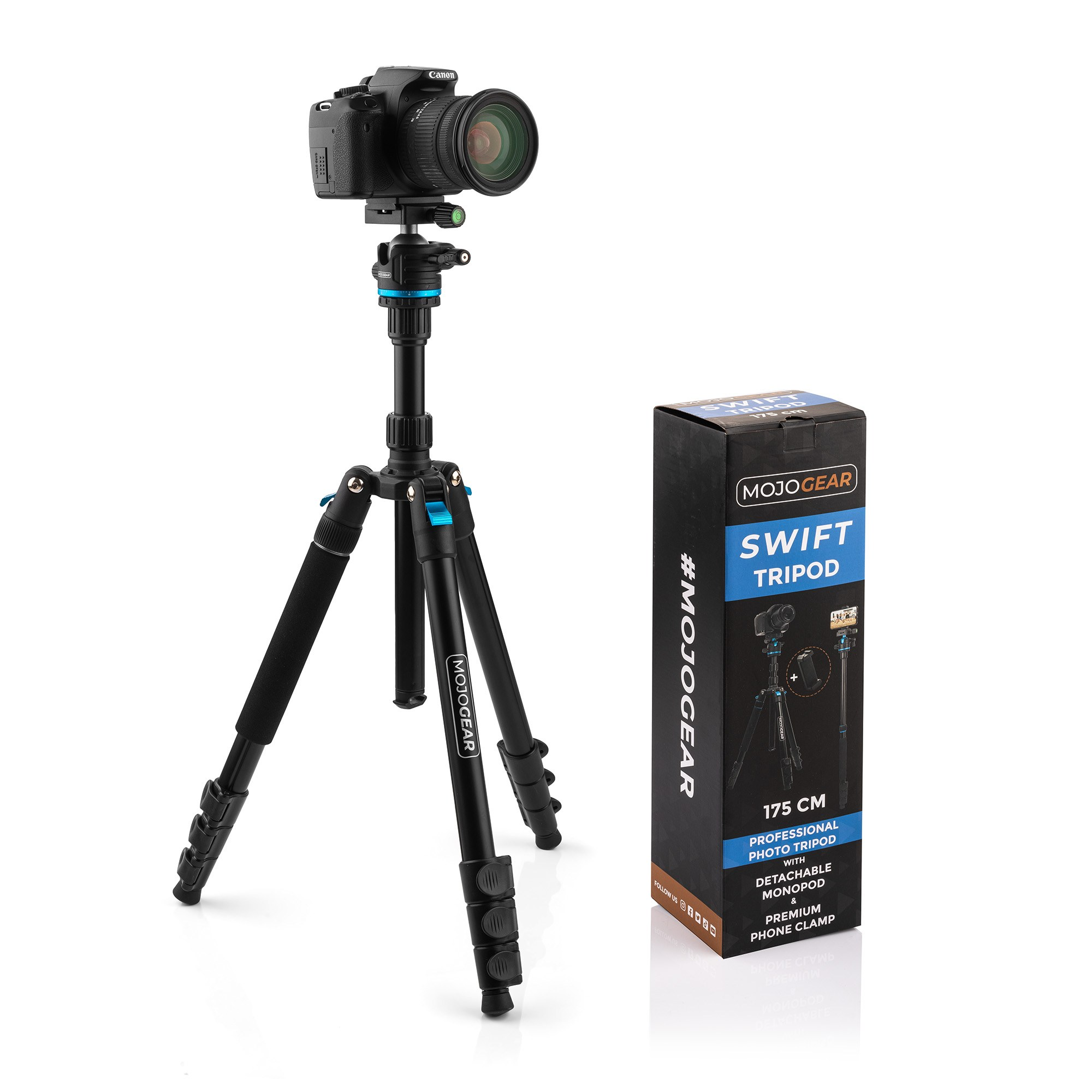 Un trépied noir MojoGear Swift avec un appareil photo Canon monté à côté de son emballage.
