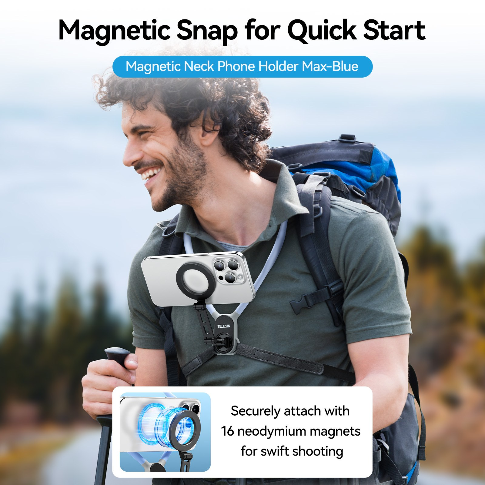 Un randonneur avec un sac à dos porte un support de téléphone magnétique pour le cou.