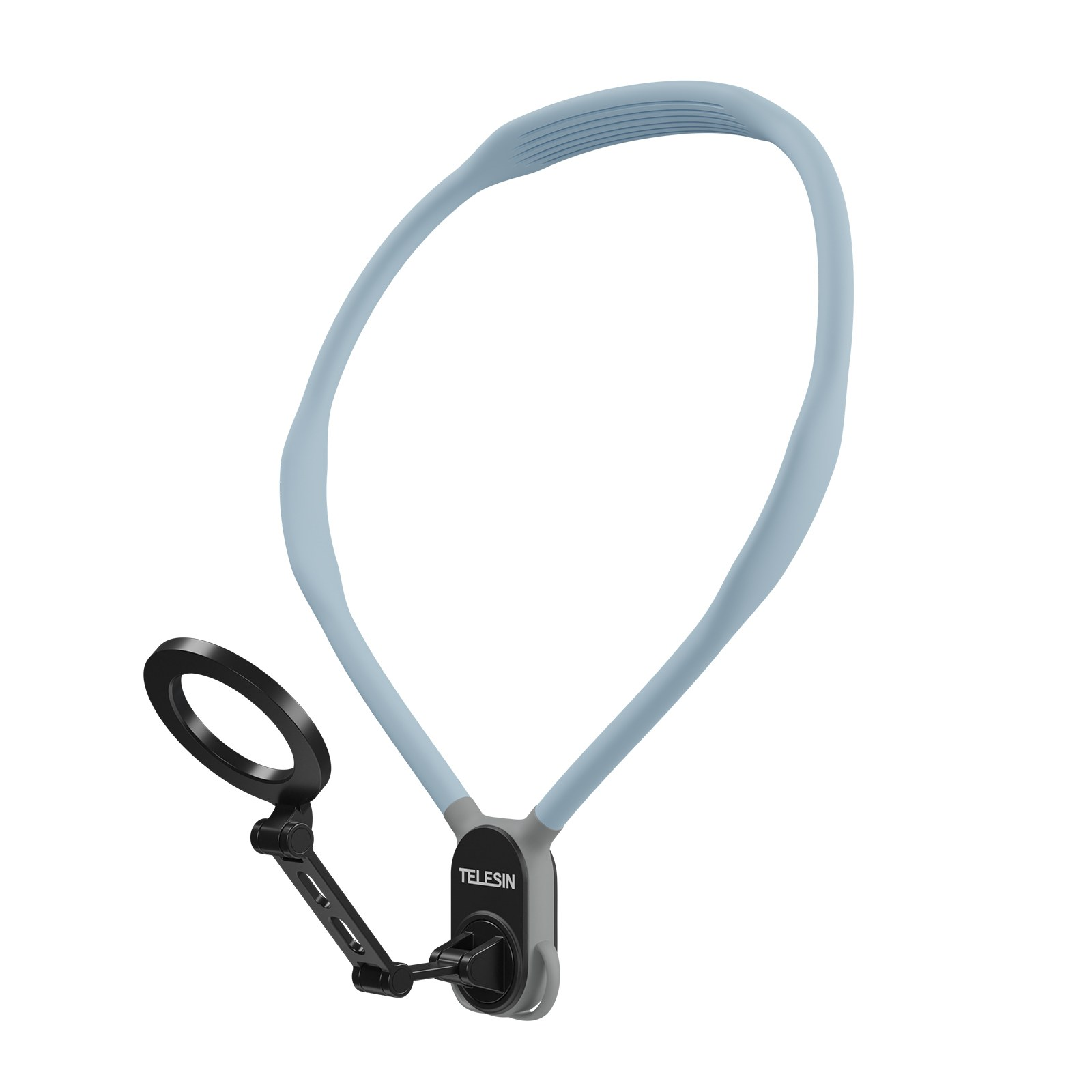 Un support de cou Telesin bleu clair avec un bras articulé noir et un anneau de fixation sur fond blanc.