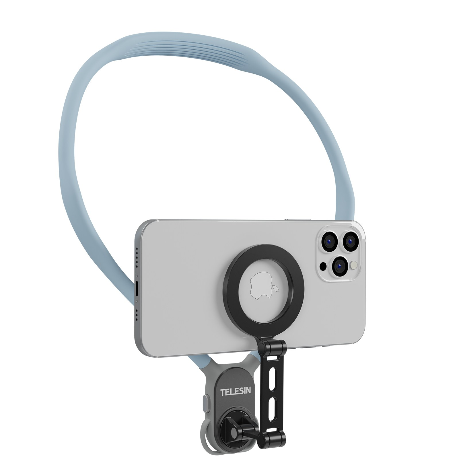 Un tour de cou en silicone bleu Telesin maintient un smartphone blanc avec un anneau MagSafe noir.