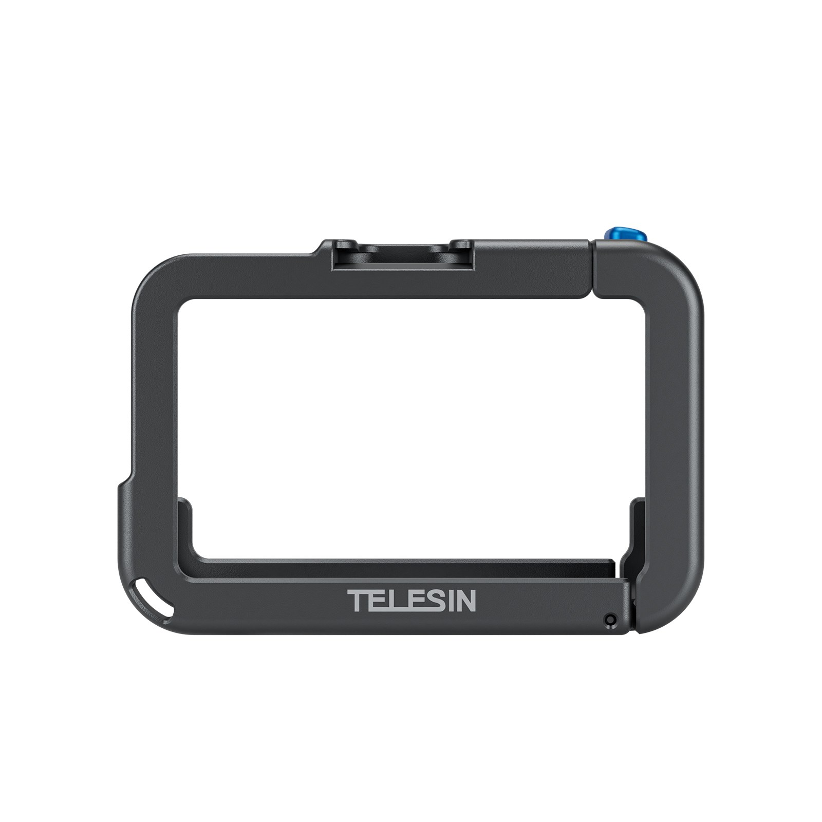 Een zwarte plastic Telesin camerabehuizing op witte achtergrond met een blauwe knop rechtsboven.