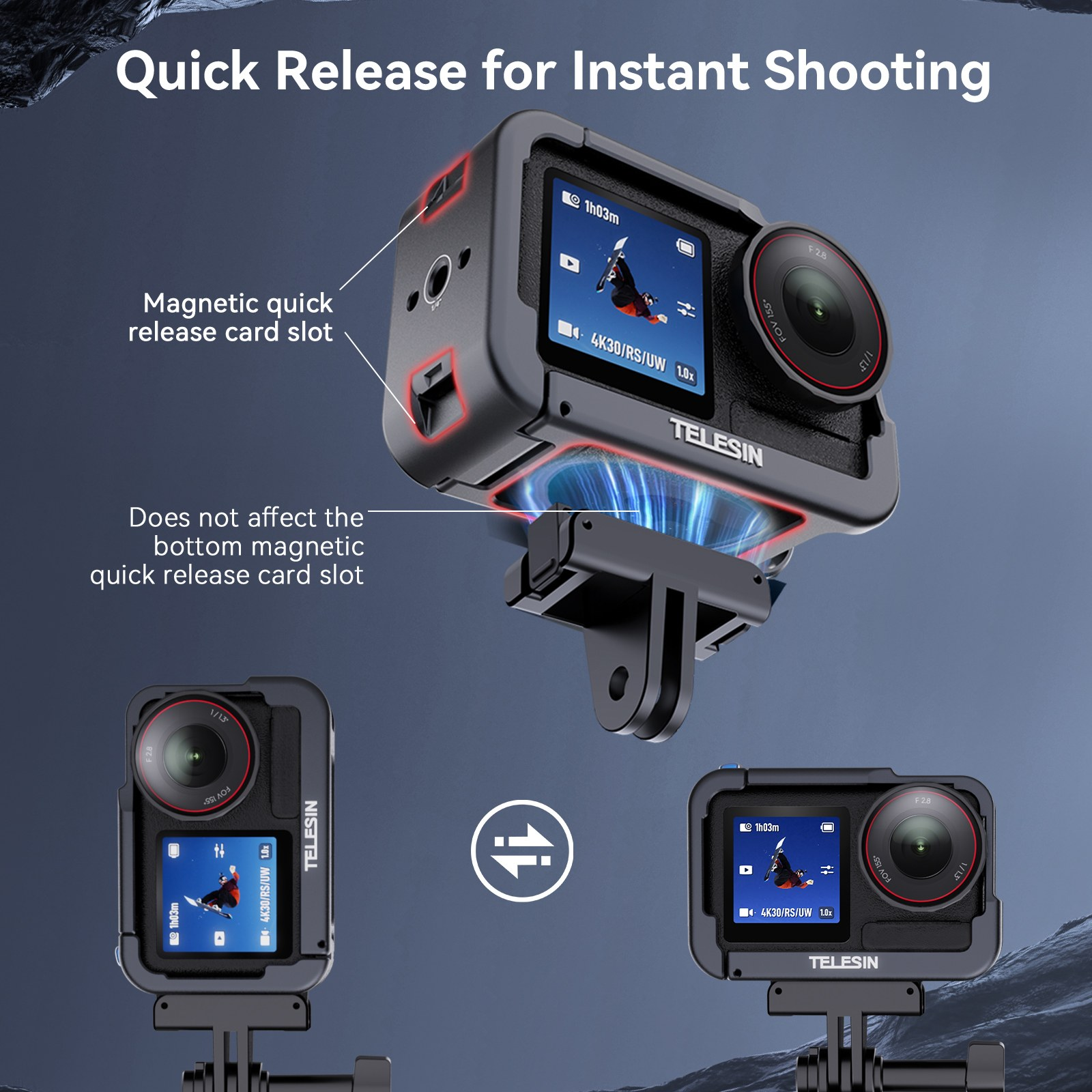 Actioncam in beschermhoes met magnetische quick-release mount en tekstgemarkeerd.