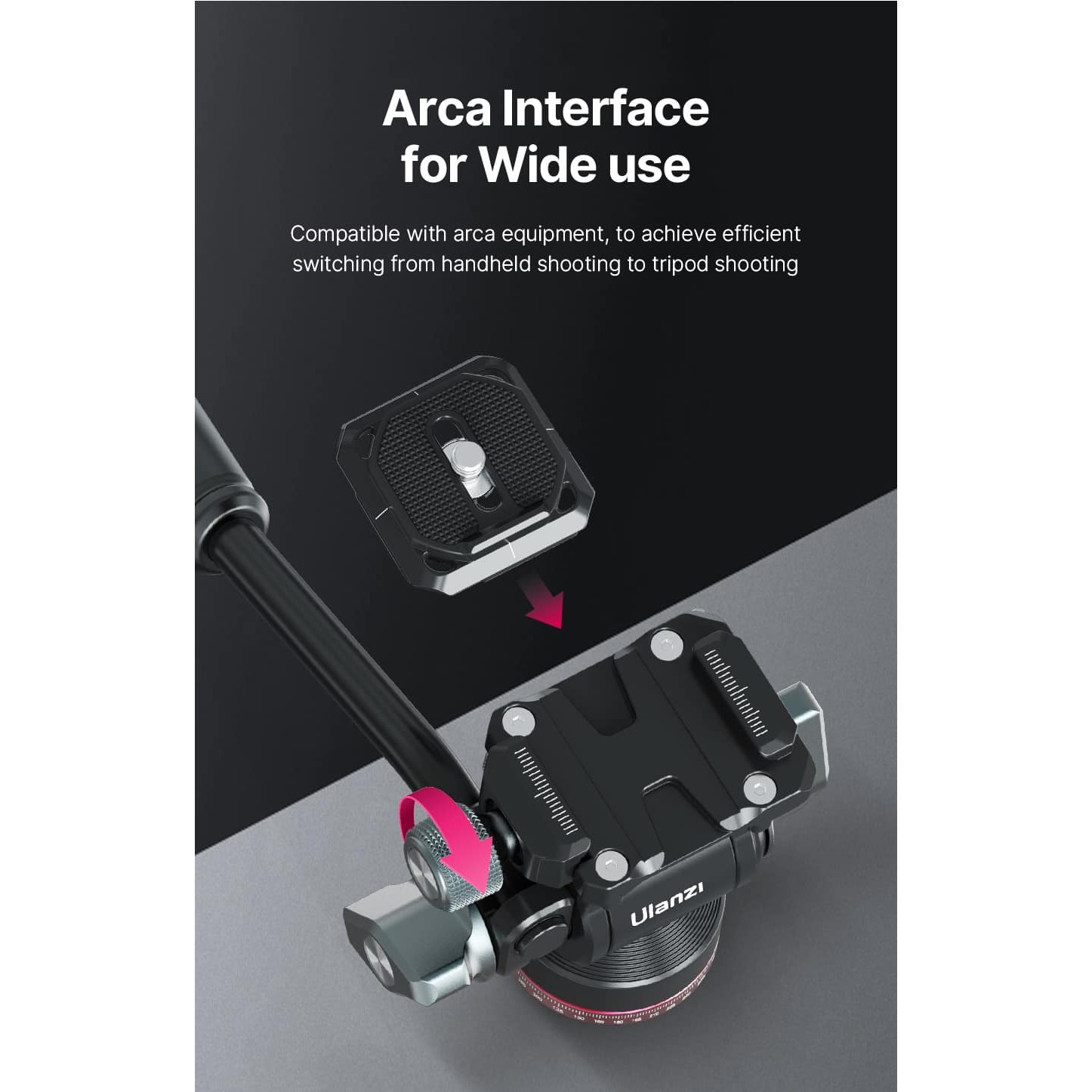 Zdjęcie produktu przedstawia płytkę szybkiego montażu Arca Ulanzi mocowaną do głowicy statywu.