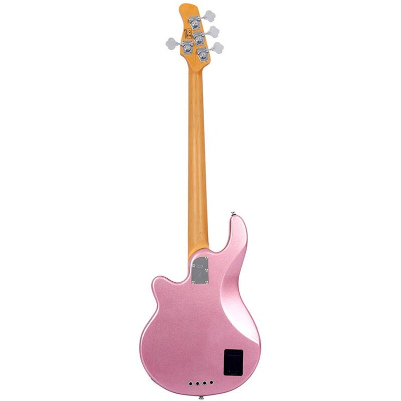 Beyaz arka planda açık ahşap saplı açık pembe elektrikli bas gitarın arkadan görünümü.