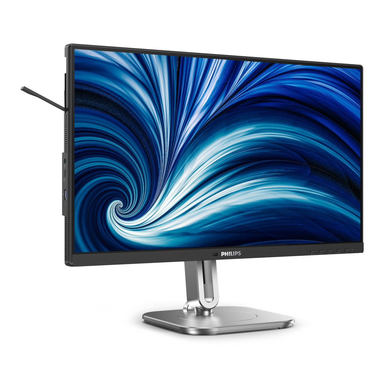 Un monitor Philips con un fondo de pantalla espiral abstracto azul en un soporte plateado sobre fondo blanco.