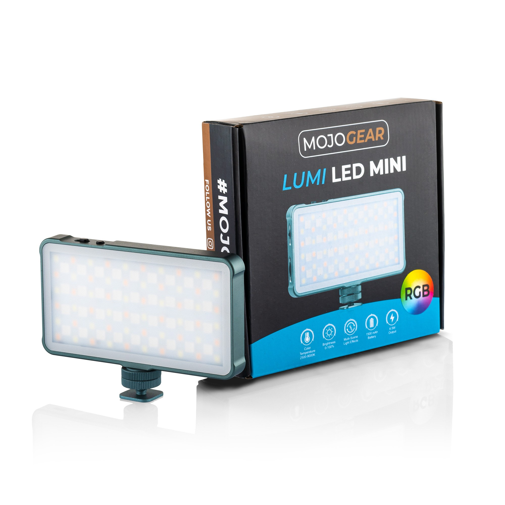 MojoGear Lumi LED Mini paneellamp met de verpakkingsdoos op een witte achtergrond.