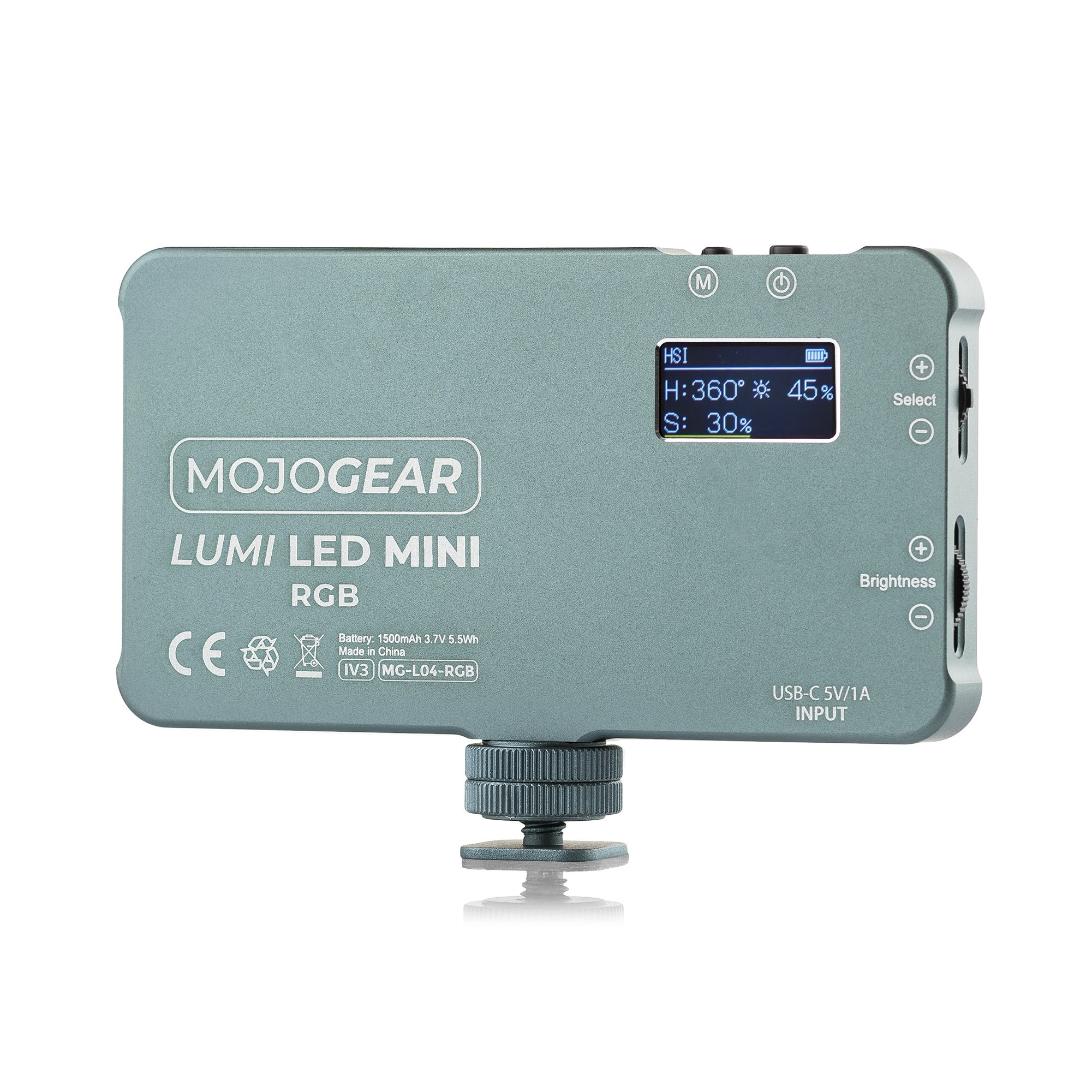 Een grijs Mojogear Lumi LED Mini RGB lichtpaneel met LCD-scherm, bedieningsknoppen en bevestiging.