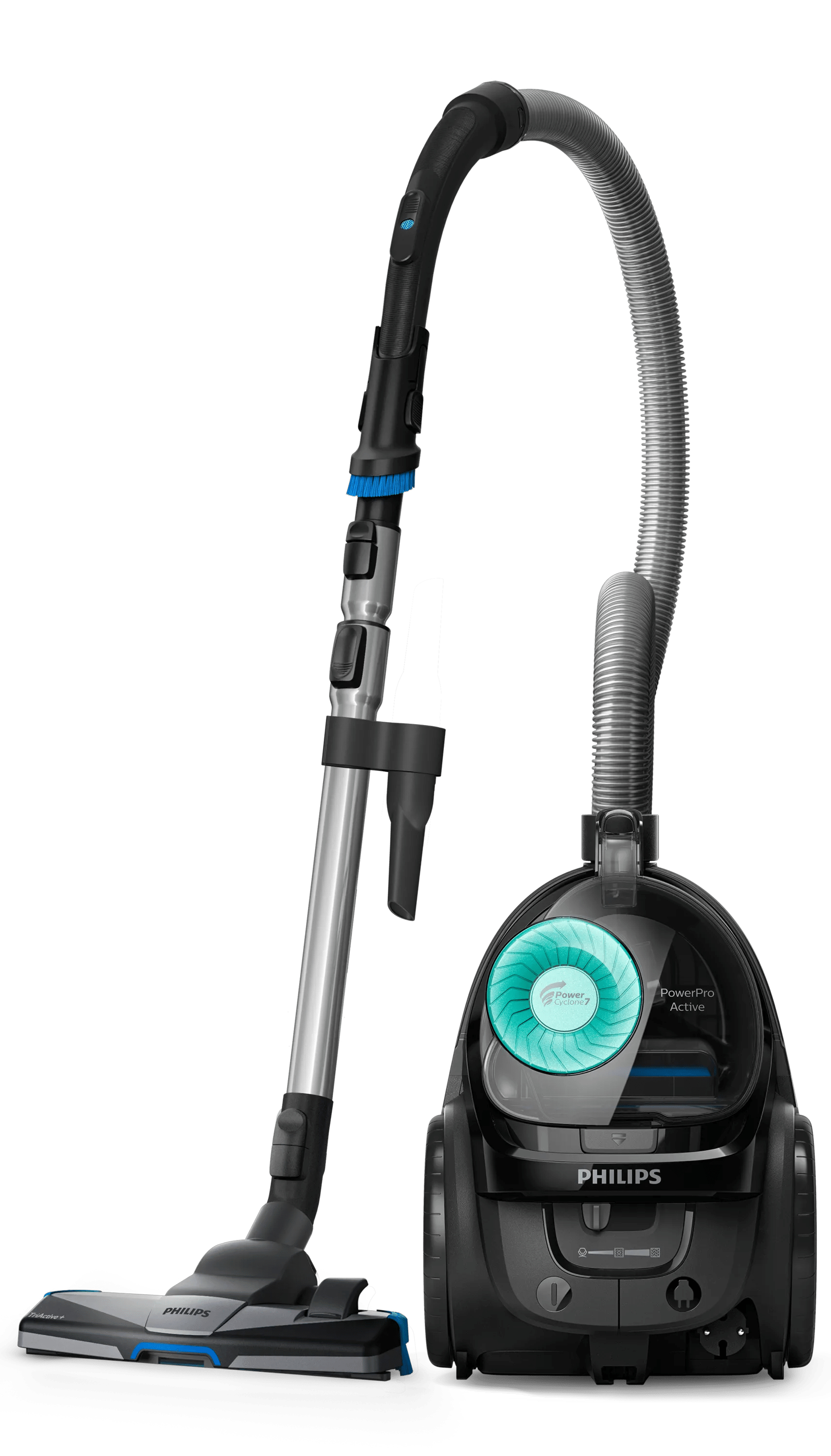 Una aspiradora negra Philips PowerPro Active con manguera gris plateada y tubo telescópico sobre fondo blanco.