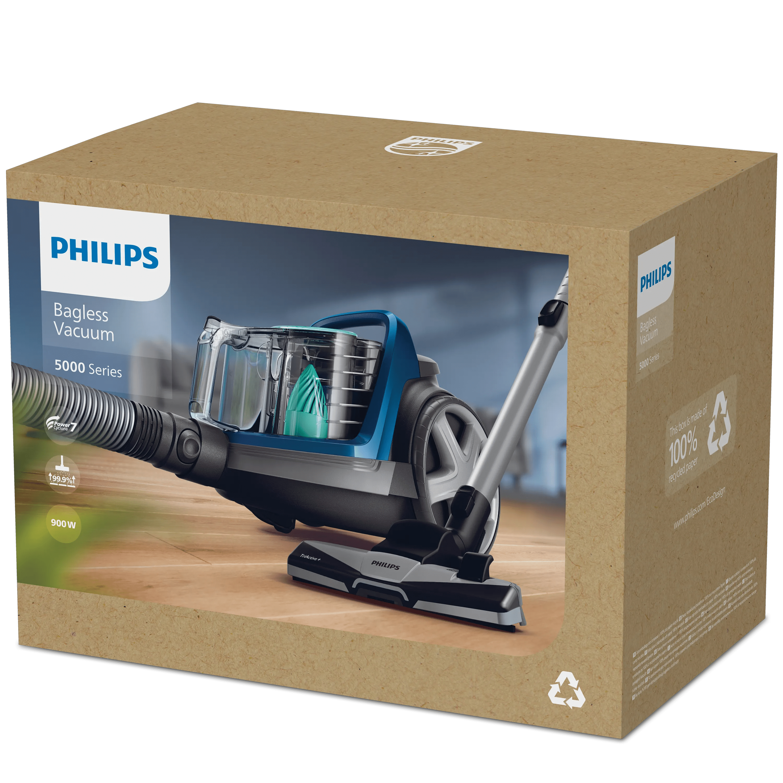 Una caja de producto Philips marrón muestra una aspiradora azul de la serie 5000.