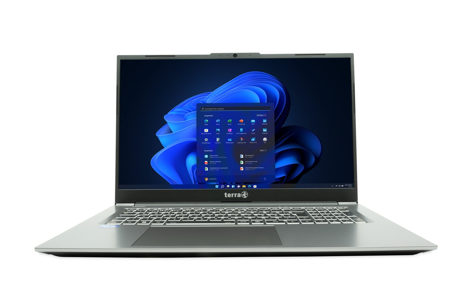 Ein silberner Terra Laptop mit geöffnetem Bildschirm zeigt den blauen Windows 11 Desktop und das Startmenü.