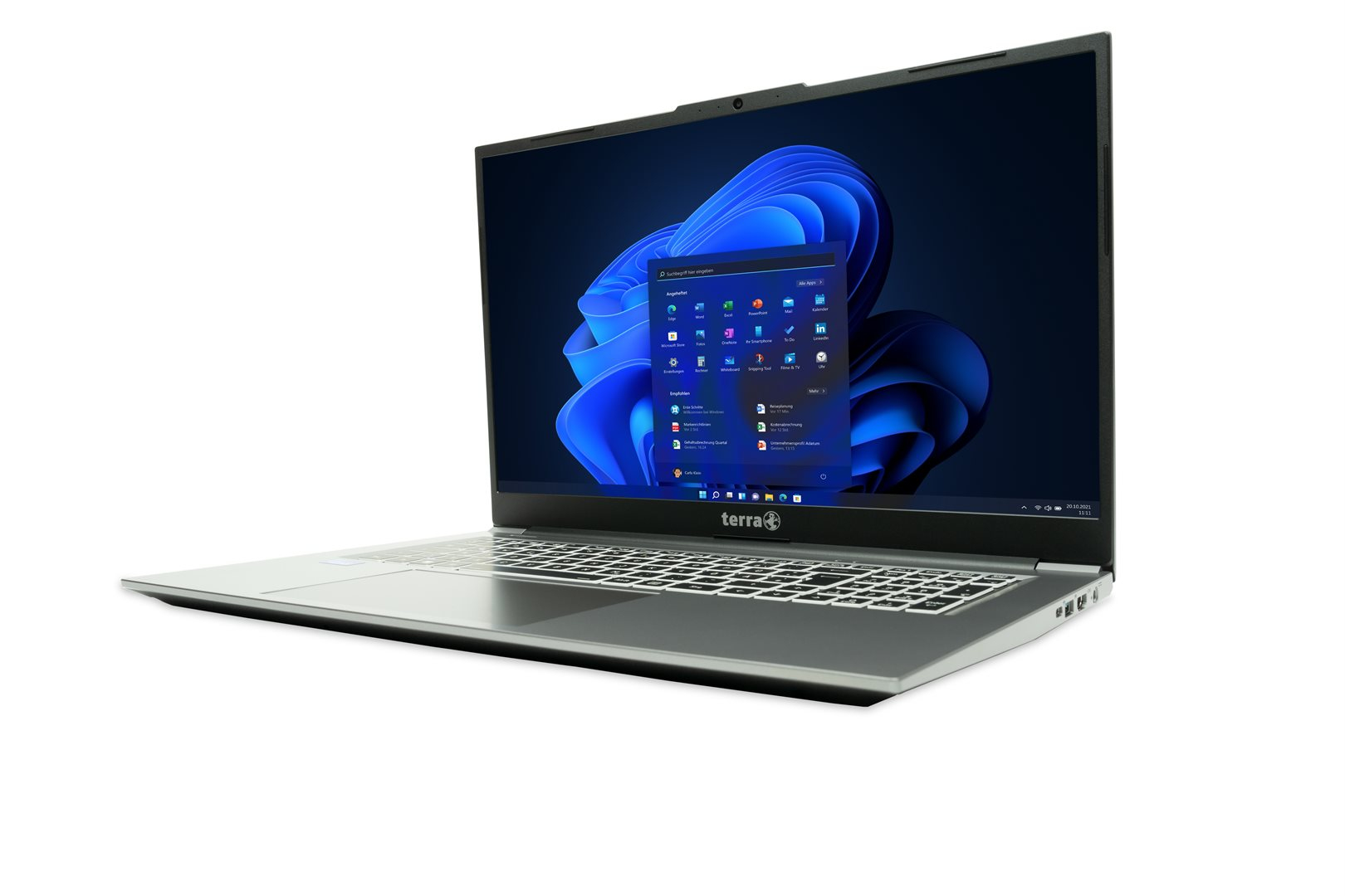 Ein grauer Laptop auf weißem Hintergrund zeigt den Windows 11 Desktop mit blauem Wellenhintergrund.