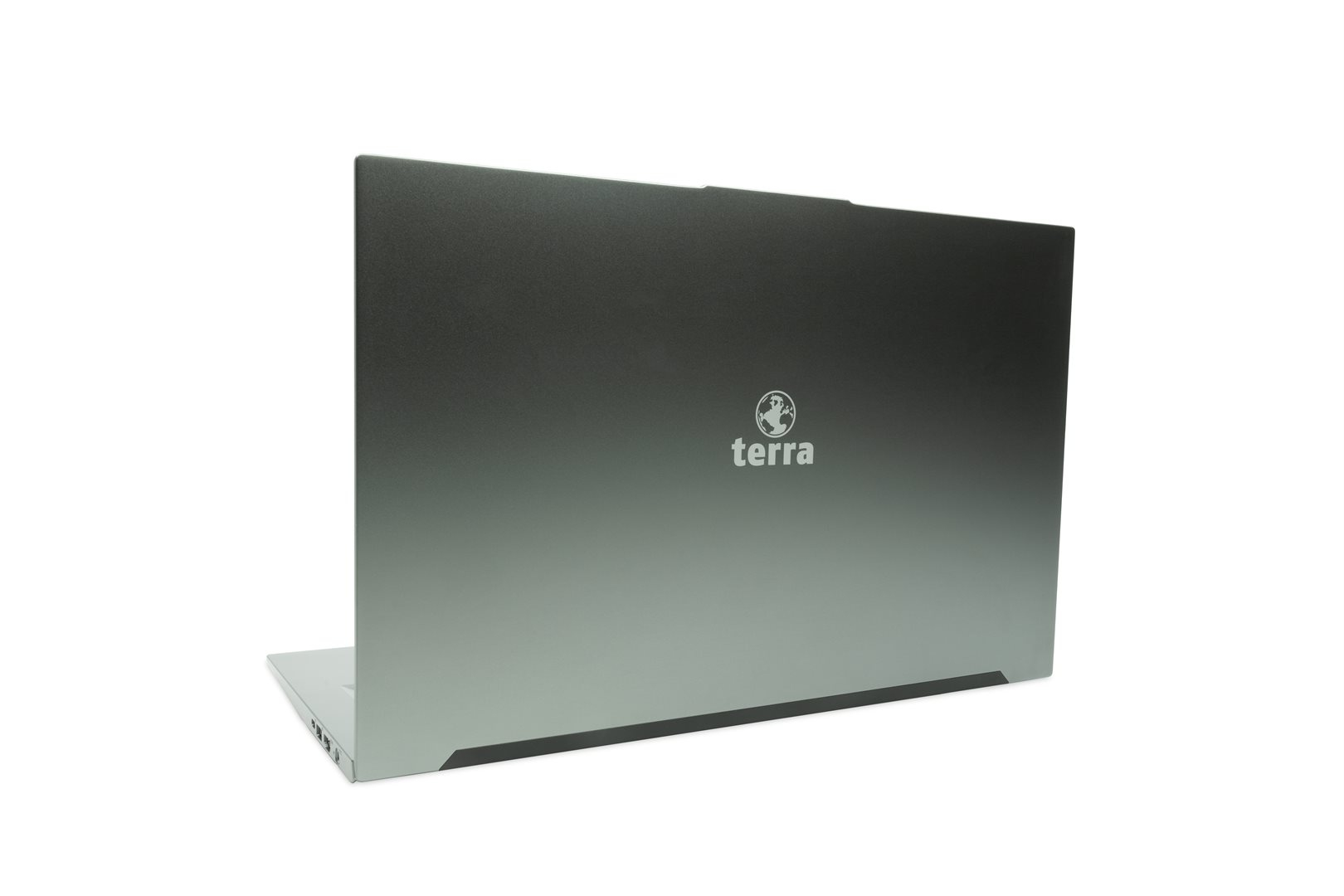 Ein geschlossener grauer Laptop mit dem Terra-Logo auf der Rückseite steht auf weißem Hintergrund.