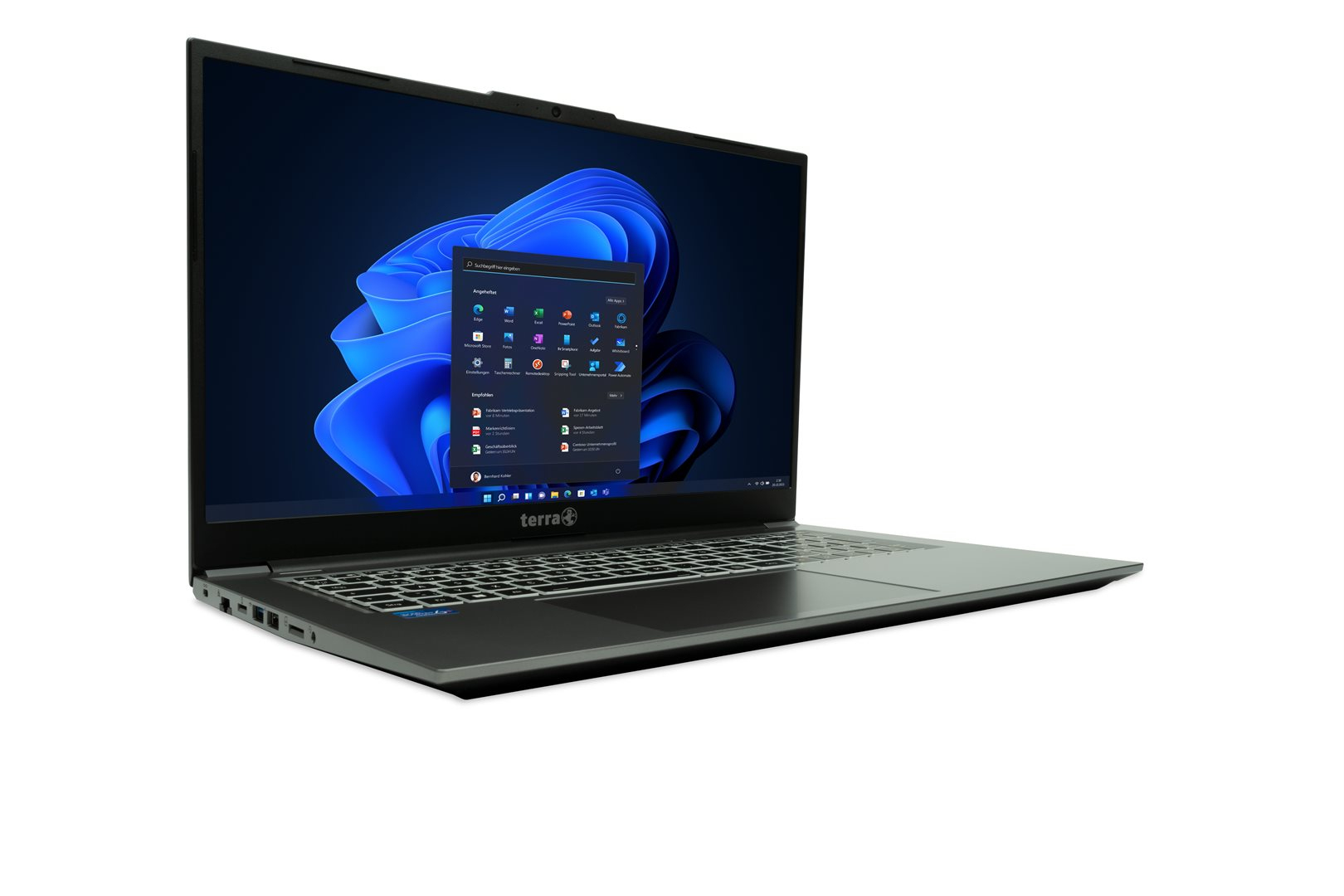 Ein grauer Laptop mit offenem Bildschirm zeigt das blaue Windows 11 Startmenü vor einem weißen Hintergrund.