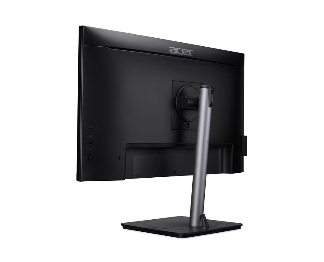 Vista posteriore di un monitor per computer Acer nero con supporto grigio regolabile su sfondo bianco.