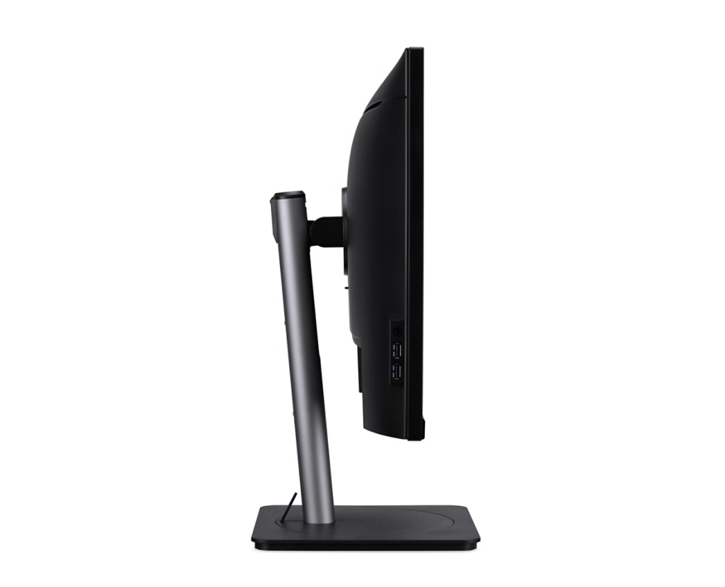 Vista laterale di un moderno monitor nero per computer con supporto grigio su fondo bianco.