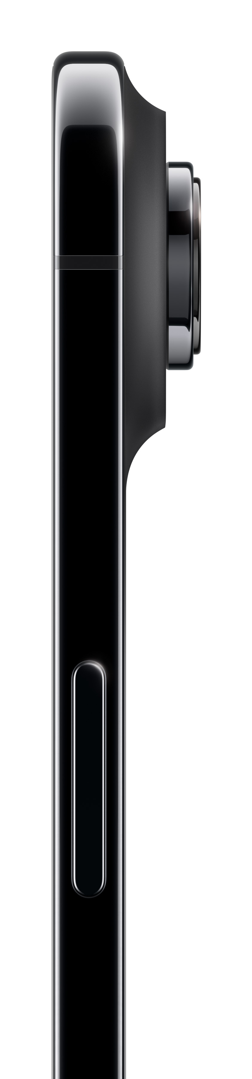 Vista laterale di uno smartphone nero con un evidente rilievo della fotocamera e un pulsante laterale su sfondo bianco.