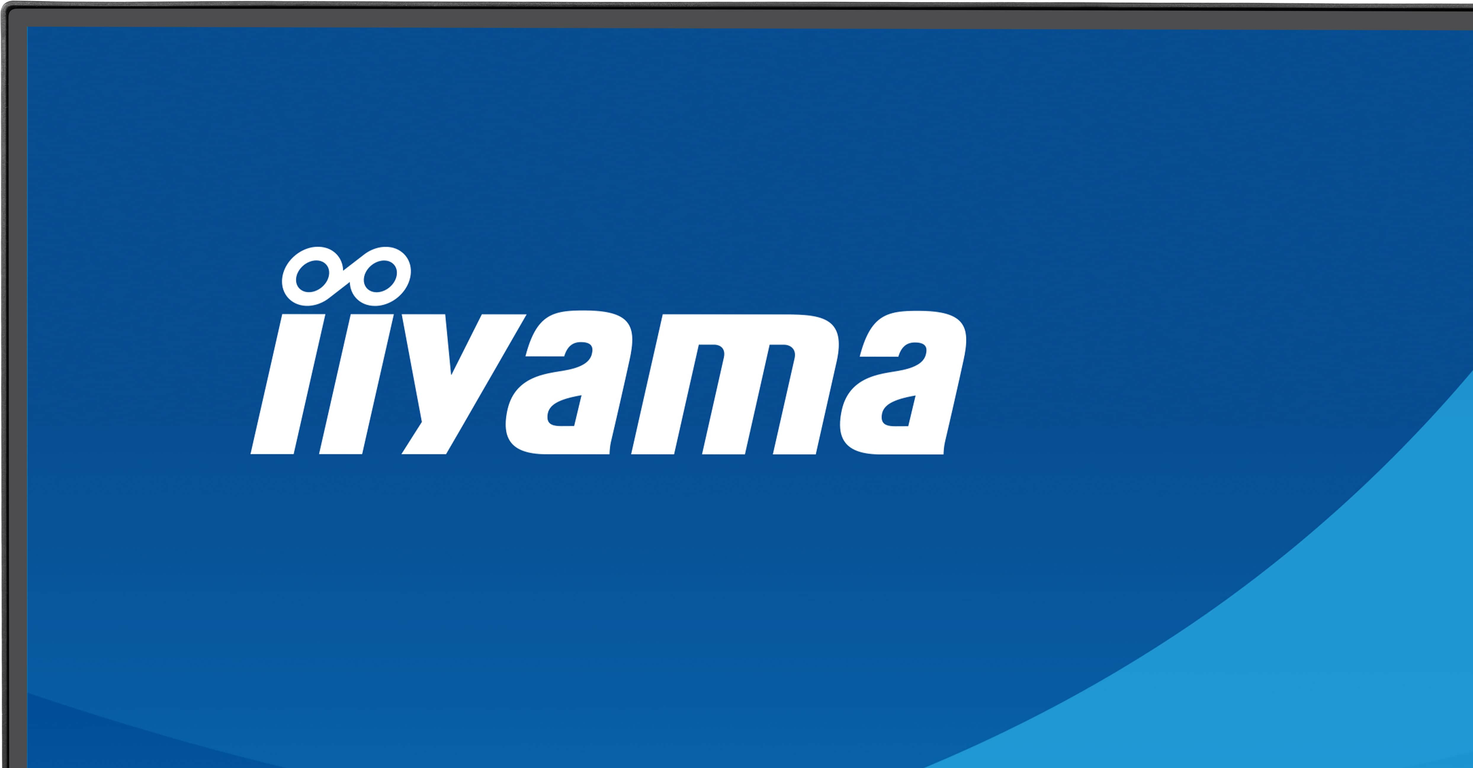 El logotipo blanco de iiyama mostrado en una pantalla azul.